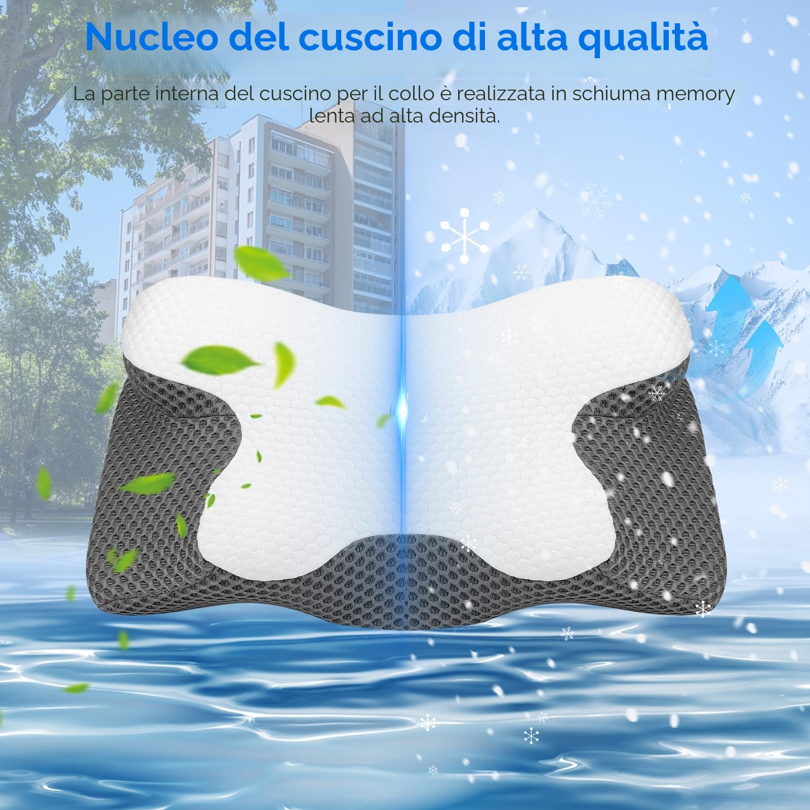 Cuscino Cervicale per Dormire, 2 in 1 Cuscino in Memory Foam per Dolore alla Spalla, Cuscino Ortopedico Ergonomico per chi dorme sul Fianco, Sulla Schiena e Sullo Stomaco-63 x 12/9 x 34 cm