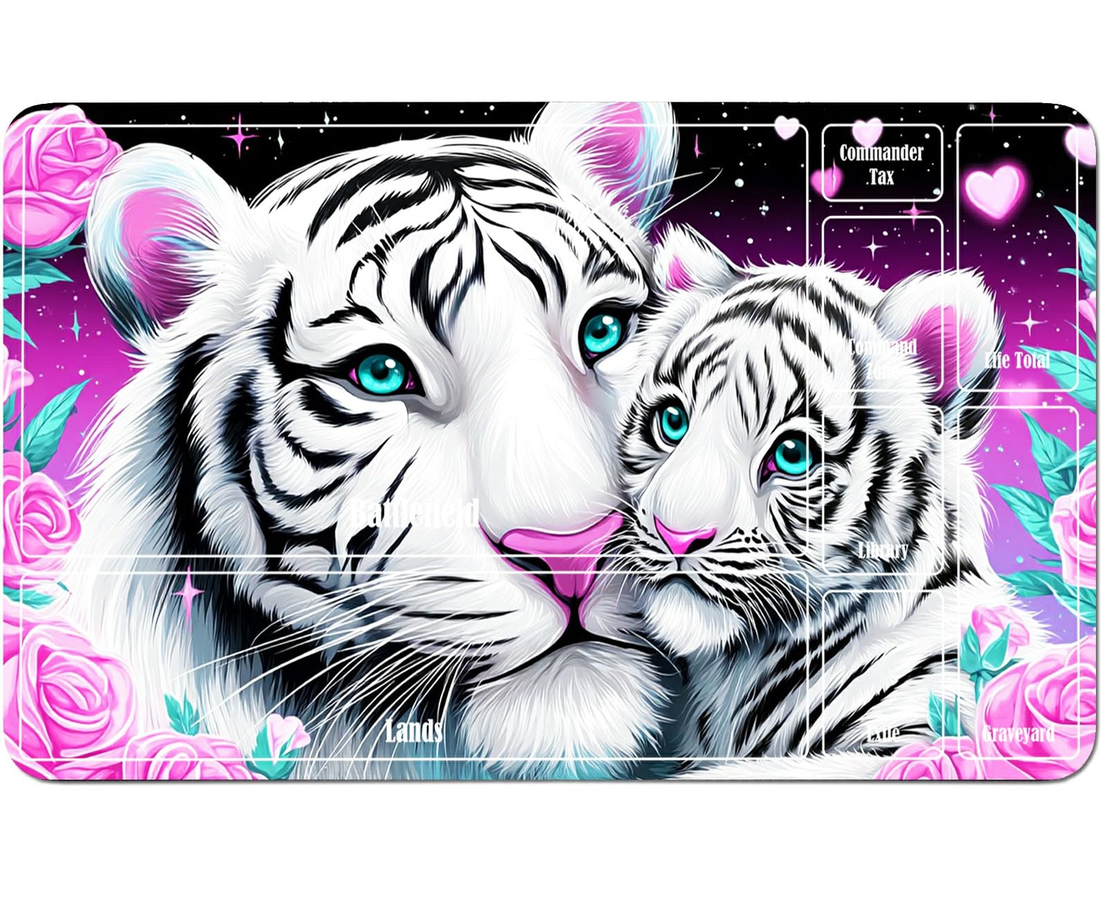 RWUTYTIUL for MTG Card Playmat 24 X 14 Inch with A Zone, Stitched Play Mat for Commander Board TCG RPG CCG Game Desktop Tablet Mouse Pad for Playing Accessories, Pink Flower White Tiger