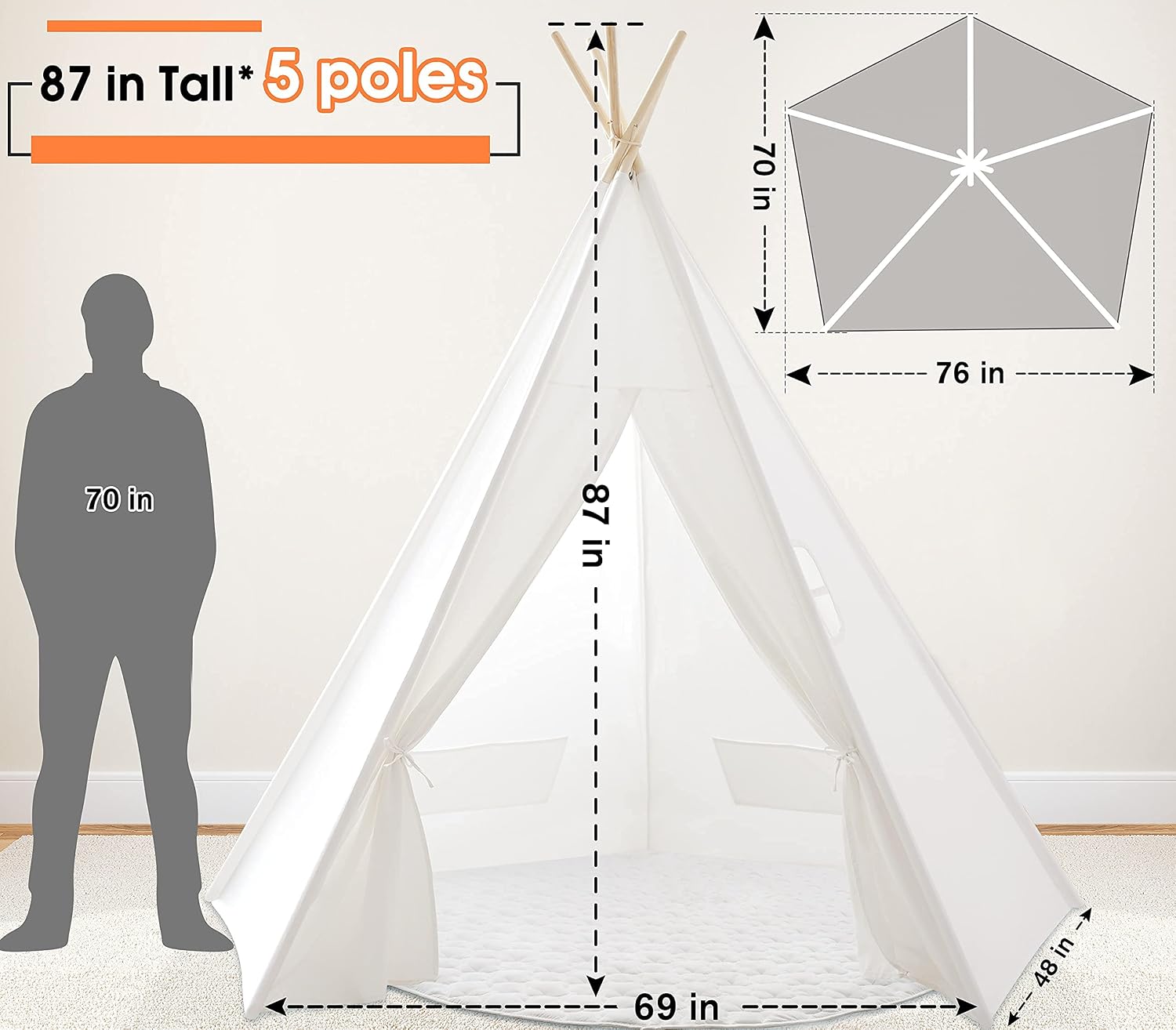 Teepee Tent for Adults with Large Mat & Lights String & Carry Bag, 87" Kids Teepee Tent Indoor & Outdoor Tepee Tent Camping, 5 Sides Huge Picnic Tent, Beach Tent, Wedding Teepee