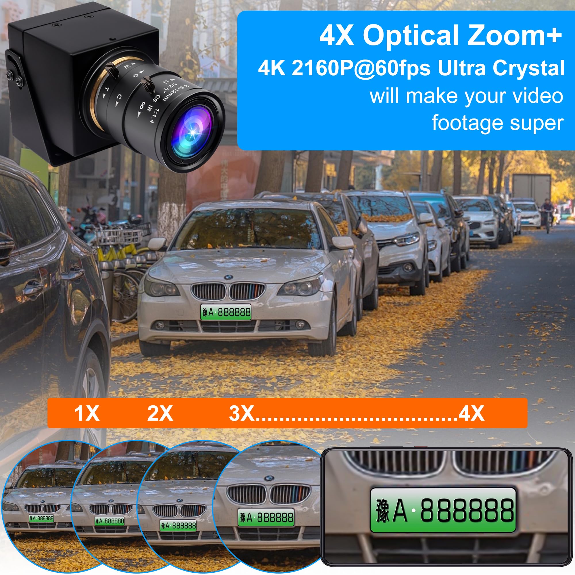 ELP Webcam USB 3.0 4K 60fps - Uscita HDMI per TV/Monitor - Zoom Manuale - Videoconferenza PC Camera ad alta velocità - Messa a fuoco variabile H.264