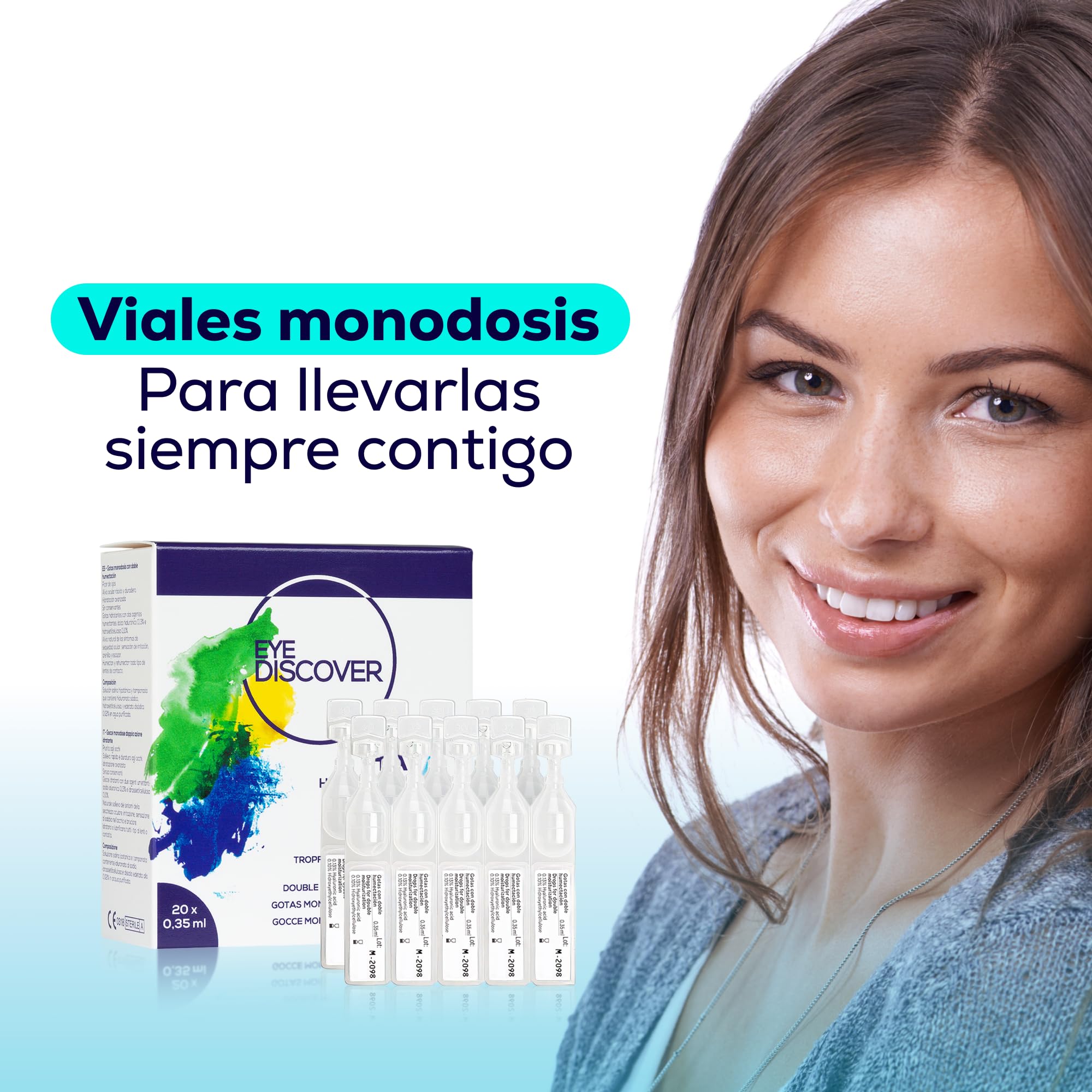 Gotas Ojos Secos Monodosis con Doble Humectación, Lágrimas Artificiales con Ácido Hialurónico e Hidroxietilcelulosa, Hidratantes, sin Conservantes, 20 Viales Monodosis de 0,35 ml