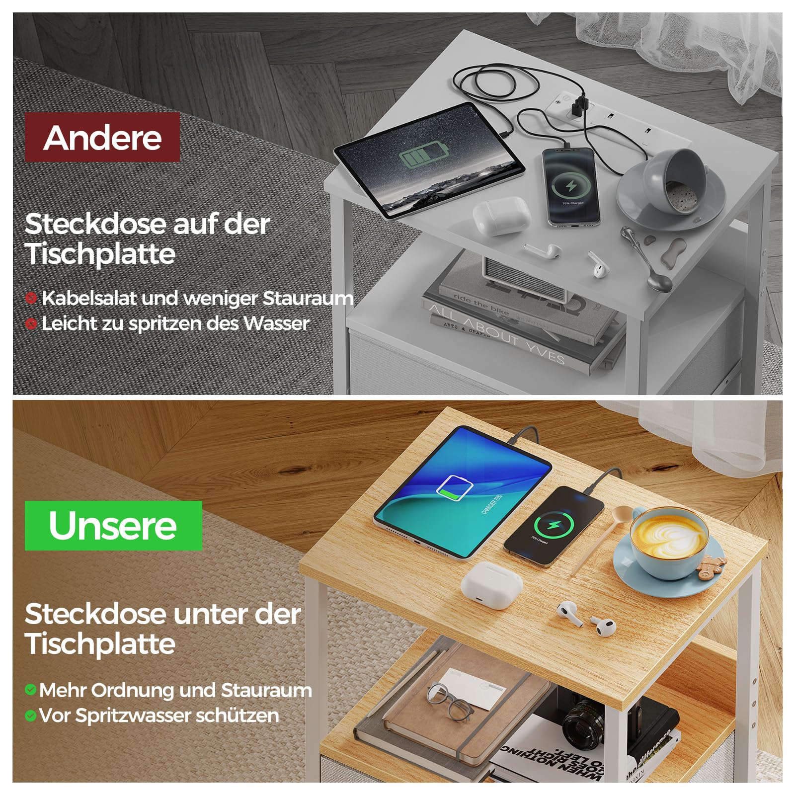 Rolanstar Nachttisch mit Ladefunktion, Beistelltisch mit LED-Leuchten, 2 Stoffschubladen & 3-stufiger Aufbewahrungs, Nachtschrank aus Holz für Schlafzimmer (1, Hellbeige)