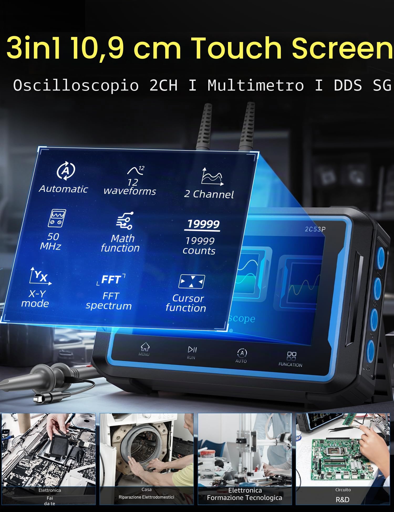 FNIRSI 2C53P Oscilloscopio Multimetro Portatile per Tablet Generatore Segnale DDS 3IN1, Autoveicoli Oscilloscopio Multimetro a 2CH con Larghezza di 50MHz Banda, 19999 Conteggi, 250MS/s Campionamento