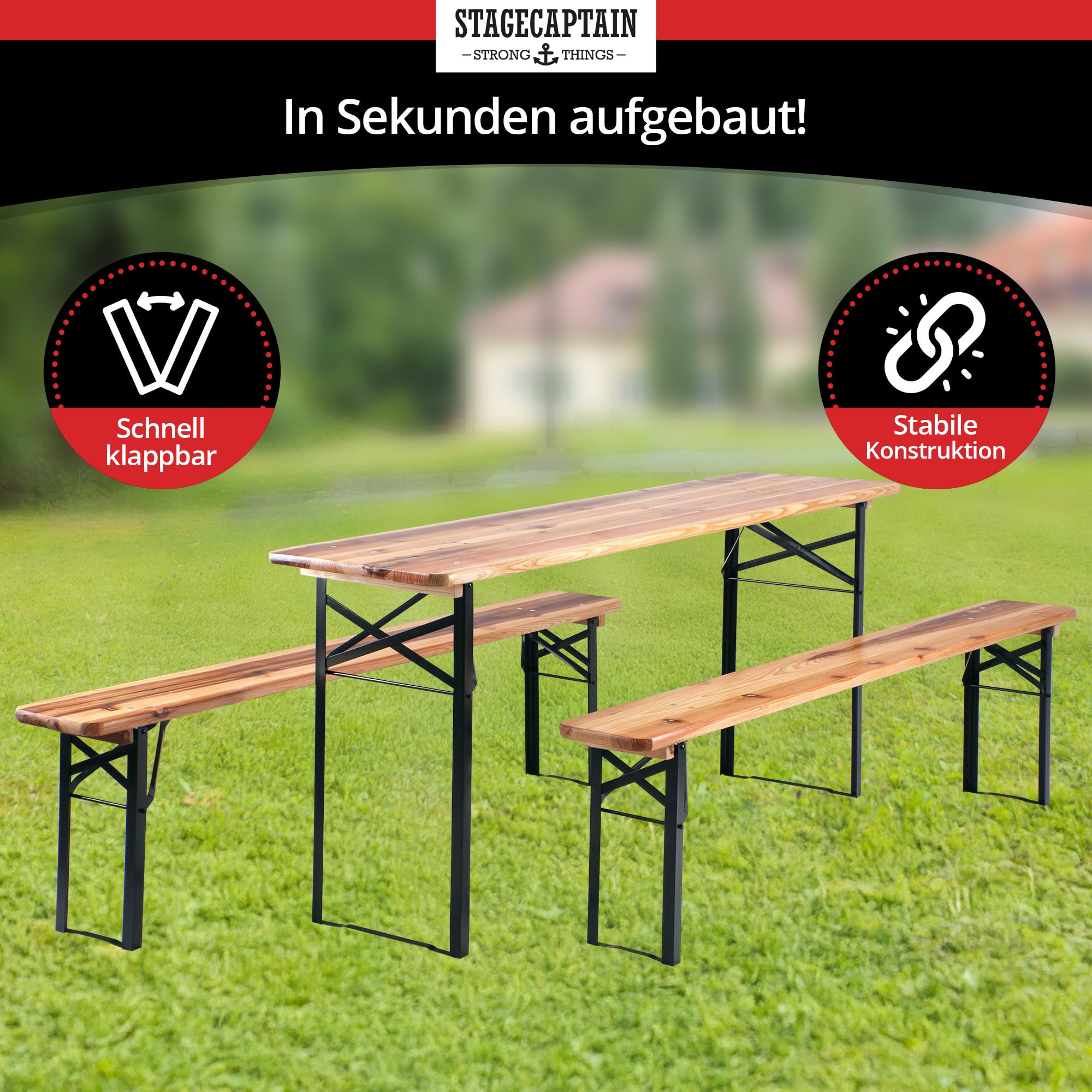 Stagecaptain Hirschgarten Bierzeltgarnitur 2X Set 177 cm Länge - Klappbare Festzeltgarnitur 2X Tisch & 4 X Bank - Sitzgarnitur Aus Holz - Einfacher Transport - Geeignet Für Innen Und Außen - Natur