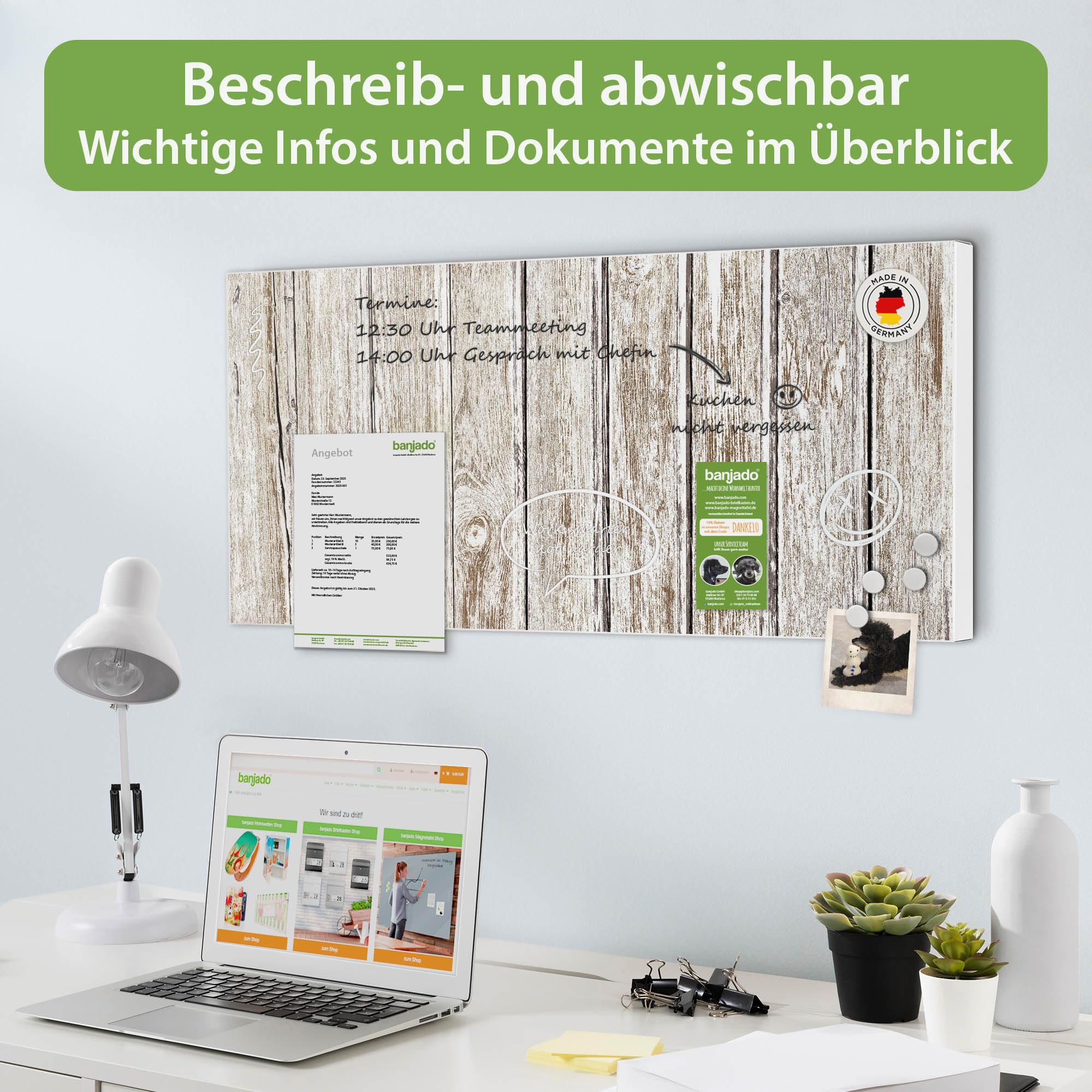 banjado Magnettafel Metall 78 x 37cm - beschreibbare Magnettafel - Metall Pinnwand als Memoboard - Magnetwand Küche, Büro, Kinderzimmer Weiß inkl. 4 Magnete & Montageset - Motiv Weißes Holz