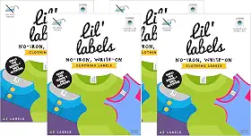 Lil' Labels Etiquetas de roupas, nome para escrever no nome, não passar a ferro, pode ir à máquina de lavar e secar na secadora. Etiqueta infantil para creche e escola, conjunto de 4