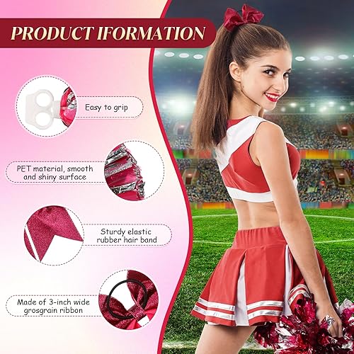 Miniatura 229 de Hanaive 3 pompones de animadora y lazo grande para animadora para el pelo, suministros metálicos para animadora de espíritu de equipo, deportes