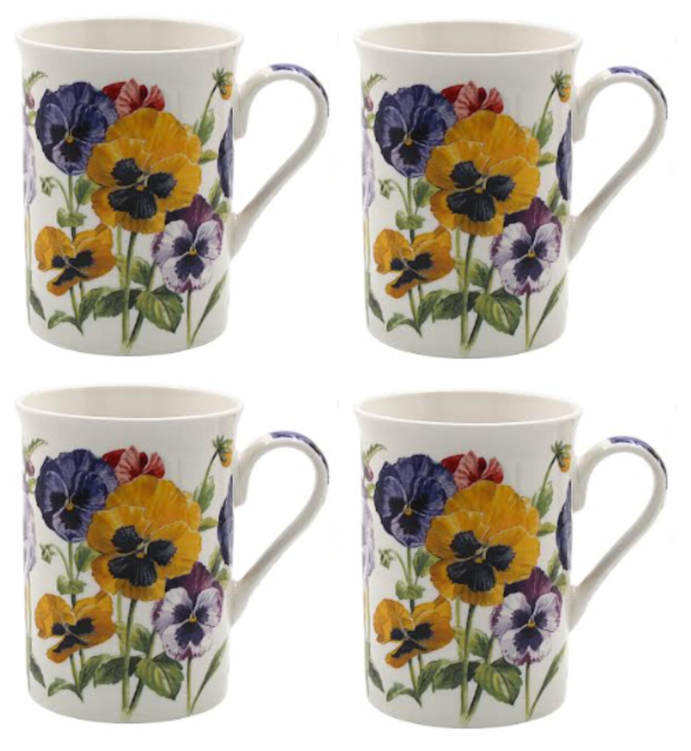 Tamersgifts Pansy Fine China Mugs Set of 4, 300ml Floral Tea & Coffee Cups