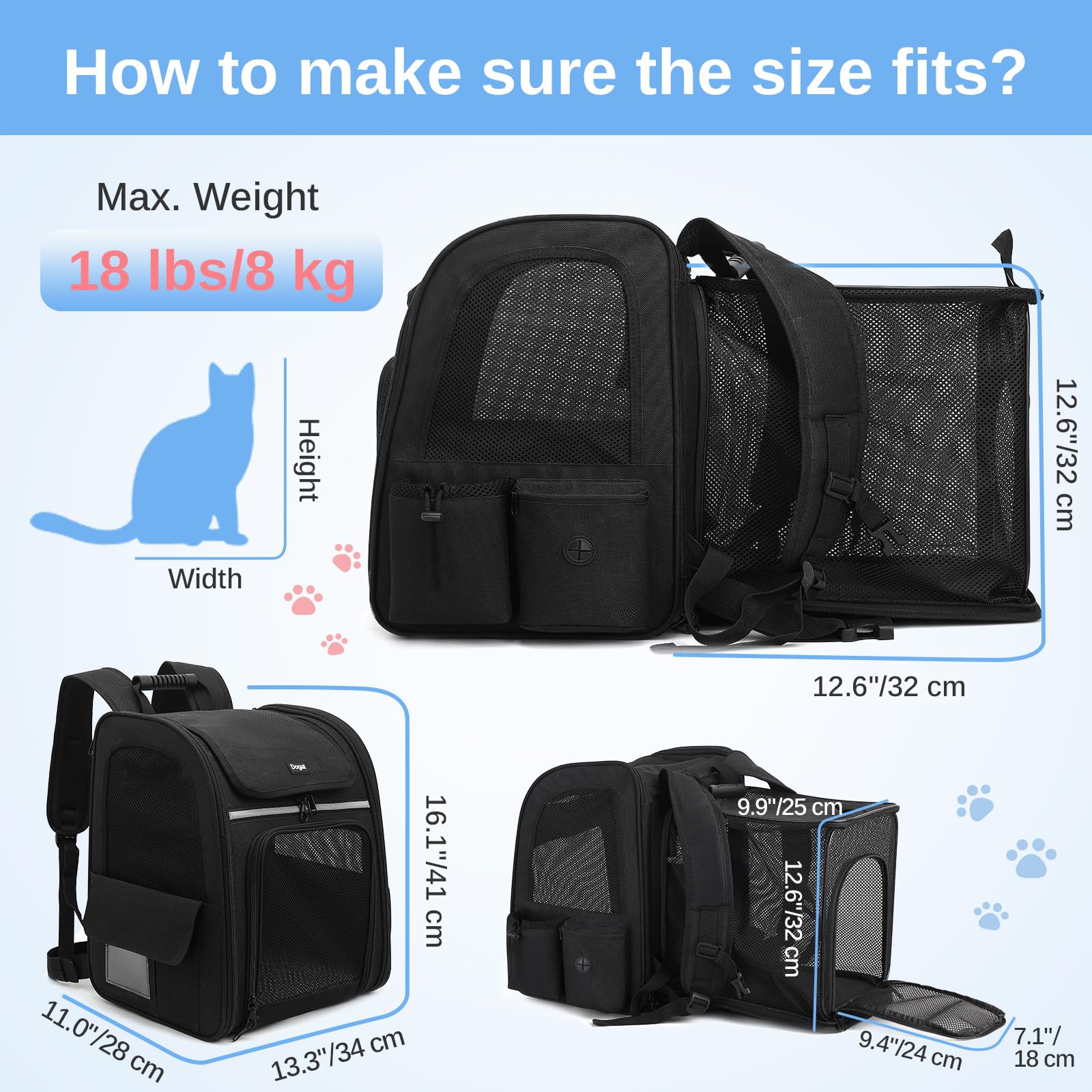 Dogat Expandable Cat Carrier Backpack for Air Travel Pet Backpack for Cats & Small Pets up to 17lbs (8kg) - Image 3