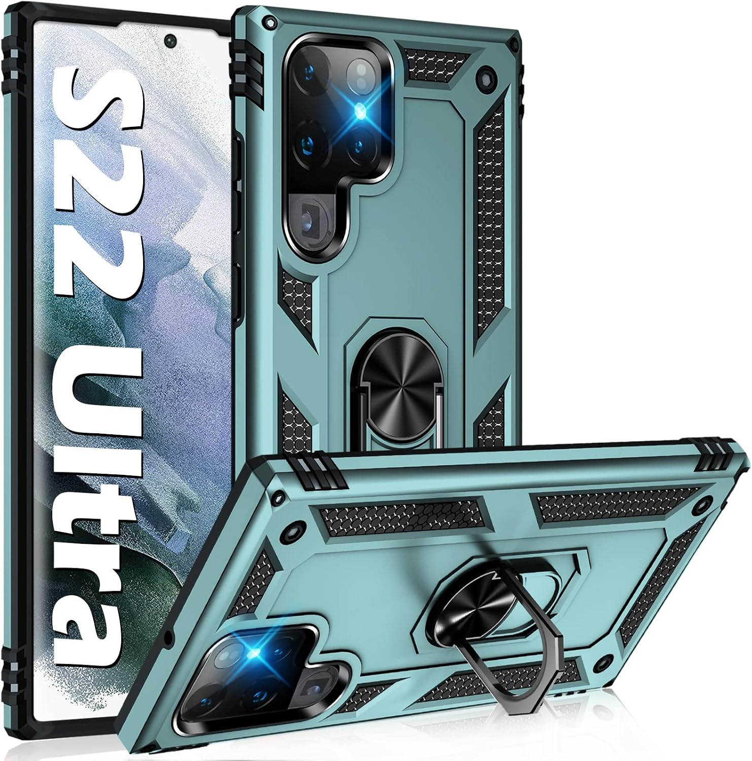 for Samsung Galaxy S22 Ultra 5G Case Military Grade Hard Silicone Rugged Cover Heavy Duty Armor S22 Ultra Phone Cases with Metal Ring Kickstand Shockproof for Samsung S22 Ultra Basic Cases Green