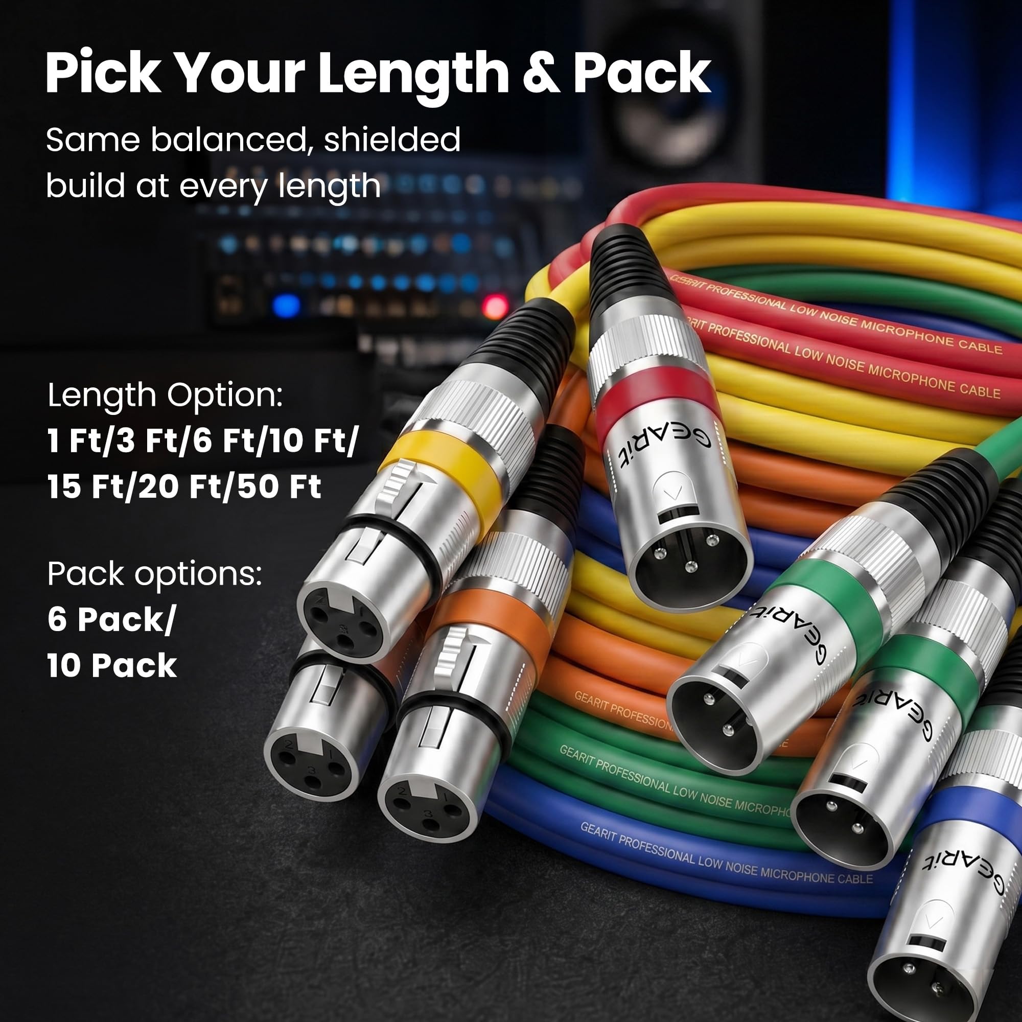 GEARit Cables XLR de 3 pies, paquete de 10 unidades, XLR macho a hembra, cable de micrófono blindado equilibrado con conductores de cobre para estudio de grabación, podcast, audio de escenario y
