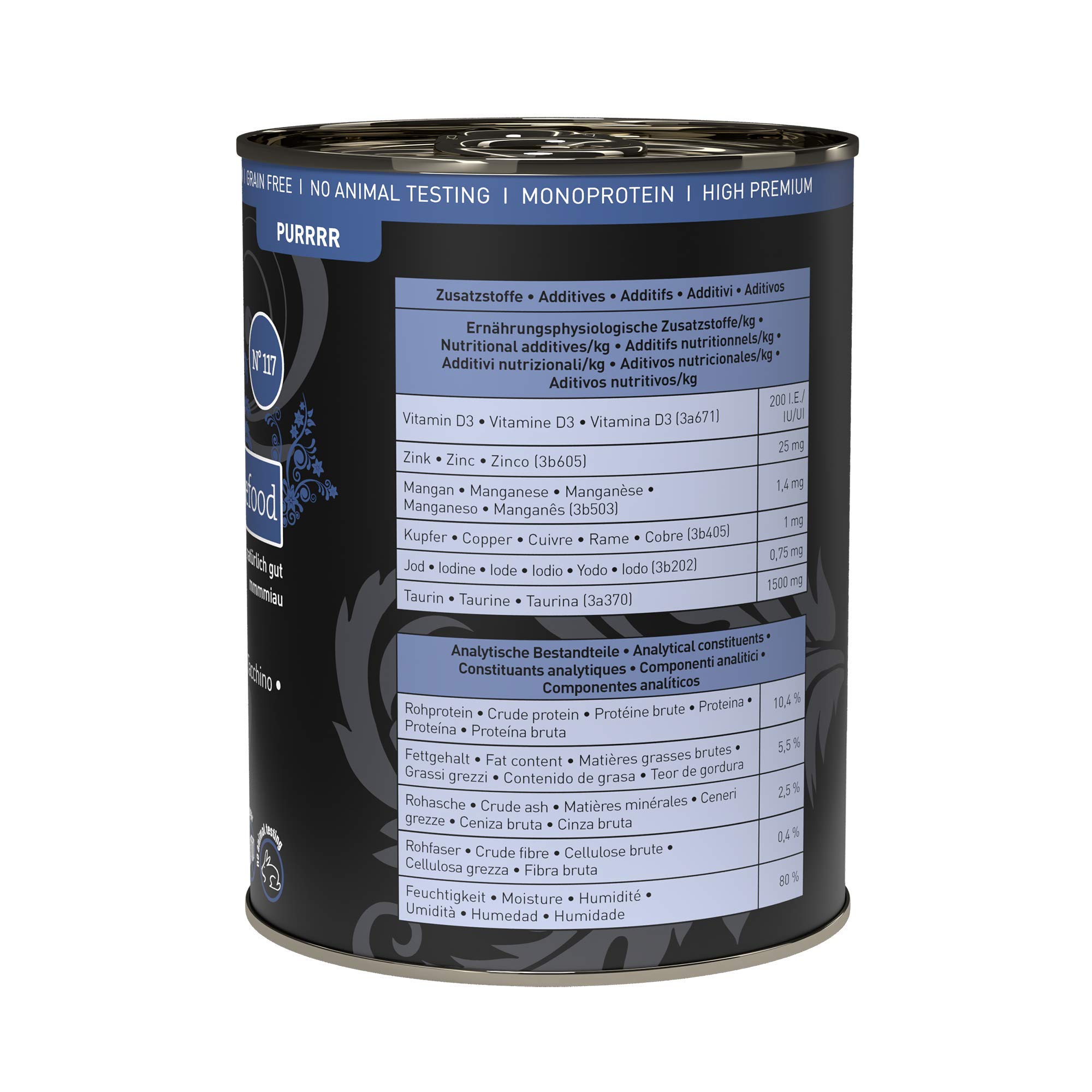 catz finefood Purrrr monoprotein karma dla kotów z indykiem, mokra nr 117, dla kotów wrażliwych na odżywianie, 70% zawartości mięsa, puszka 6 x 400 g