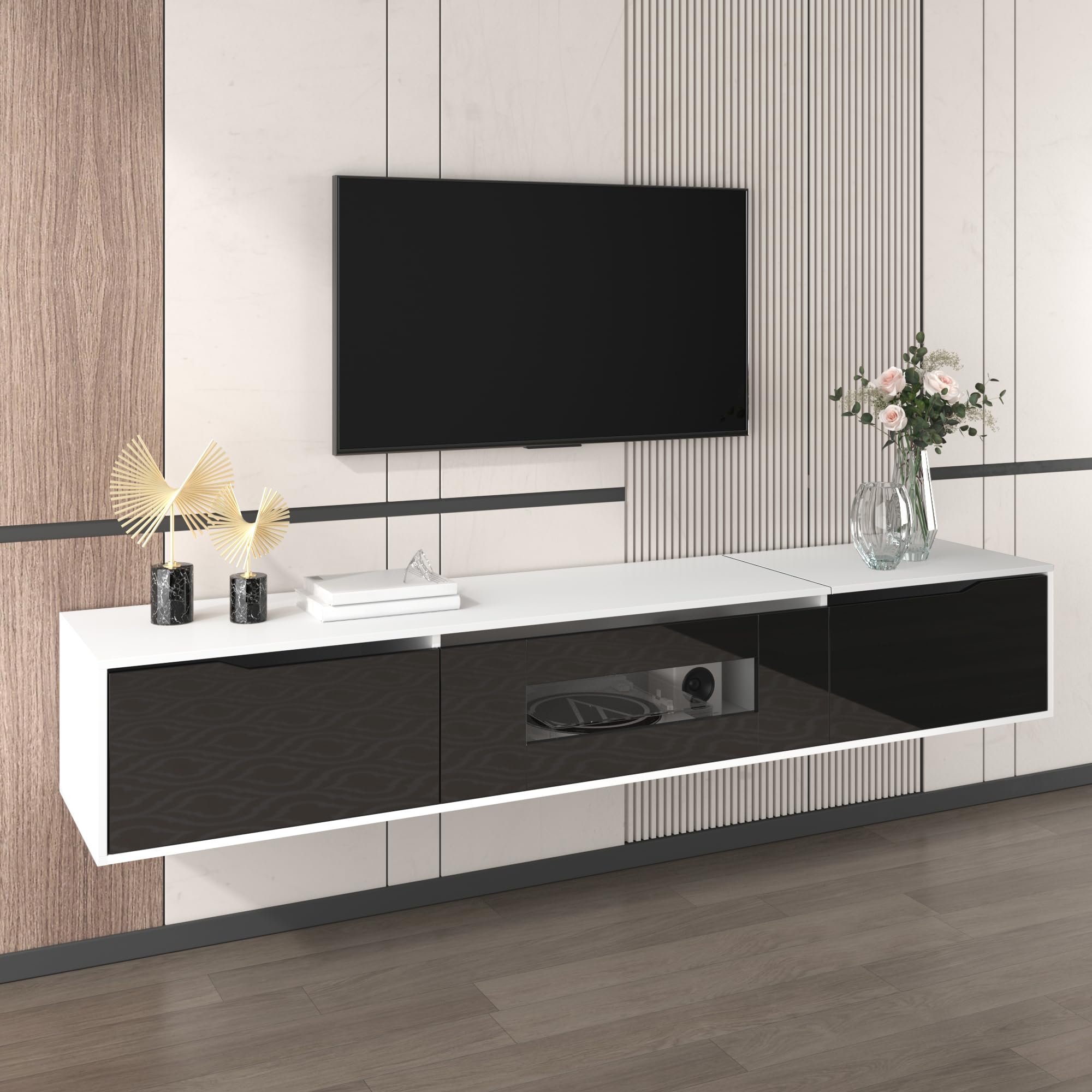 Merax Meuble TV LED Mural 180 cm, Meuble télé Suspendu Brillant Noir et Blanc avec éclairage 16 Couleurs, 4 Modes de lumière, Design Moderne, Portes rainurées, Fixation Murale