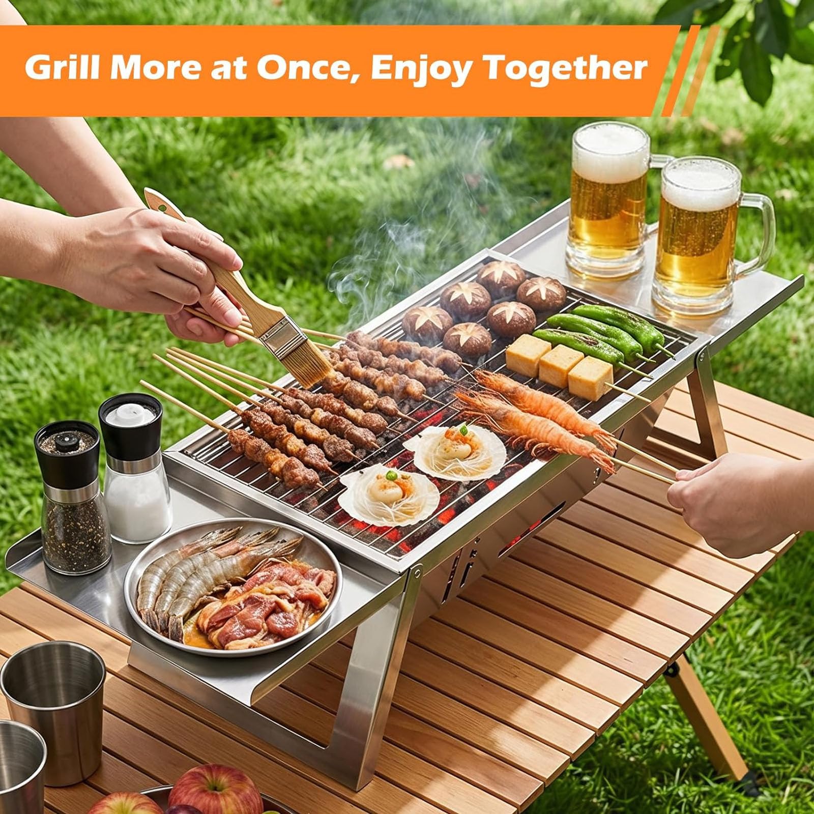 Mały przenośny grill na węgiel drzewny, Mini składany grill do grillowania z 4-poziomową kontrolą ciepła, Stołowy grill na zewnątrz do Camping Essentials, Stołowy palec do podróży na piknik na trawnik