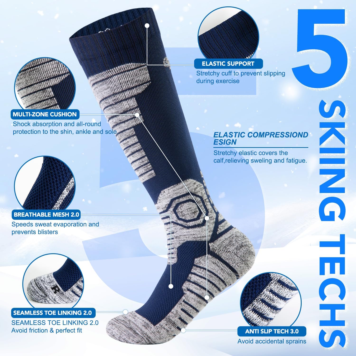 Thermal Ski Socks – Moisture-Wicking, Cushioned, Warm Winter Socks for Skiing & Snowboarding, Cold Weather Socks - Image 4