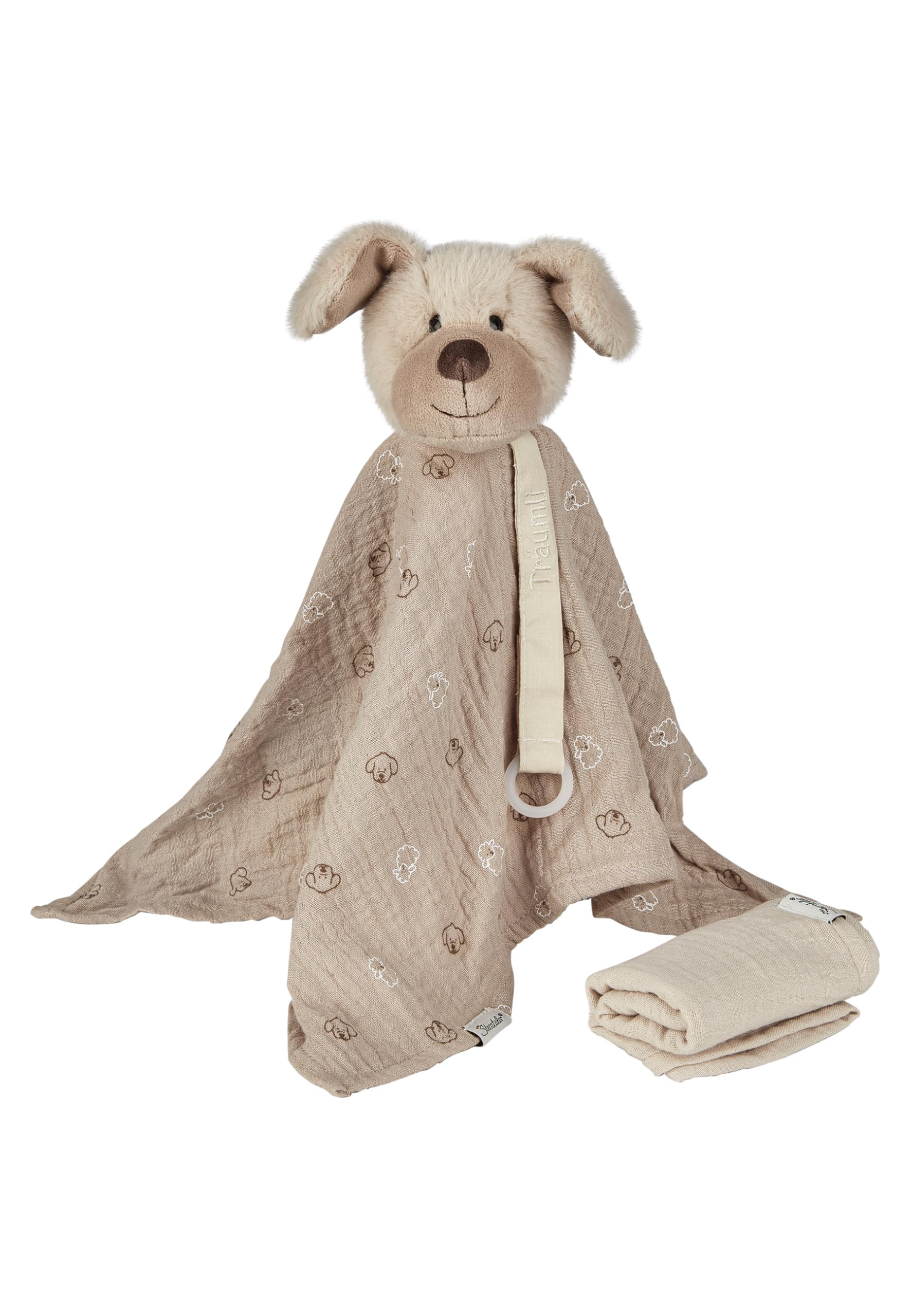 Sterntaler Träumli Dog Lucky Cuddly Blanket with Dummy Strap Baby and Children with Rattle for Cuddling and Gripping Muslin Sand
