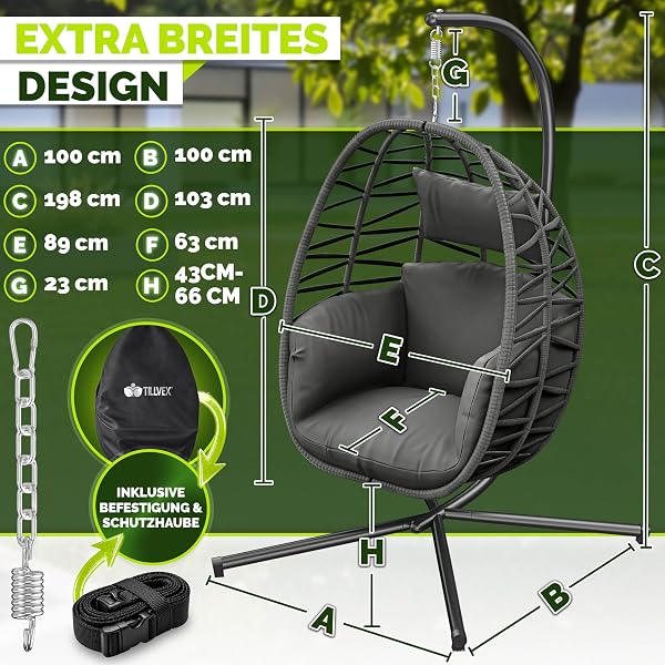 tillvex® Hängesessel mit Gestell Outdoor & wetterfester Abdeckung inkl. Befestigung | Hängekorb klappbar bis 150 kg | Hängesitz aus Rattan | Hängestuhl für Indoor Garten Balkon Terrasse (Anthrazit) - 2