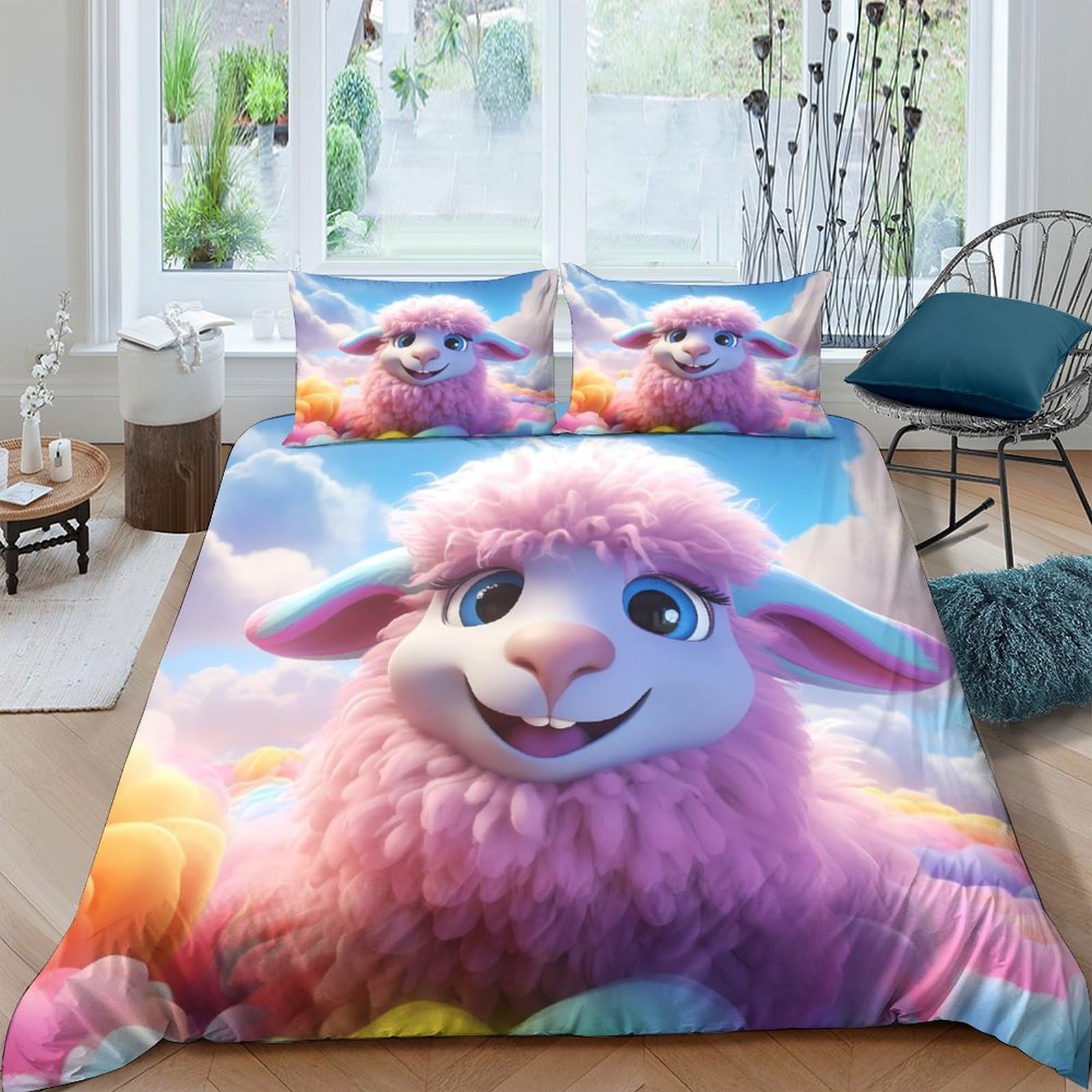 Ctjqhvkz Style-8 3D Printed Pink Cartoon Sheep Fitted Sheet Microfiber Soft Animal Pattern Bed Cover For Bedroom Guest Room Decor Single（135X200cm）