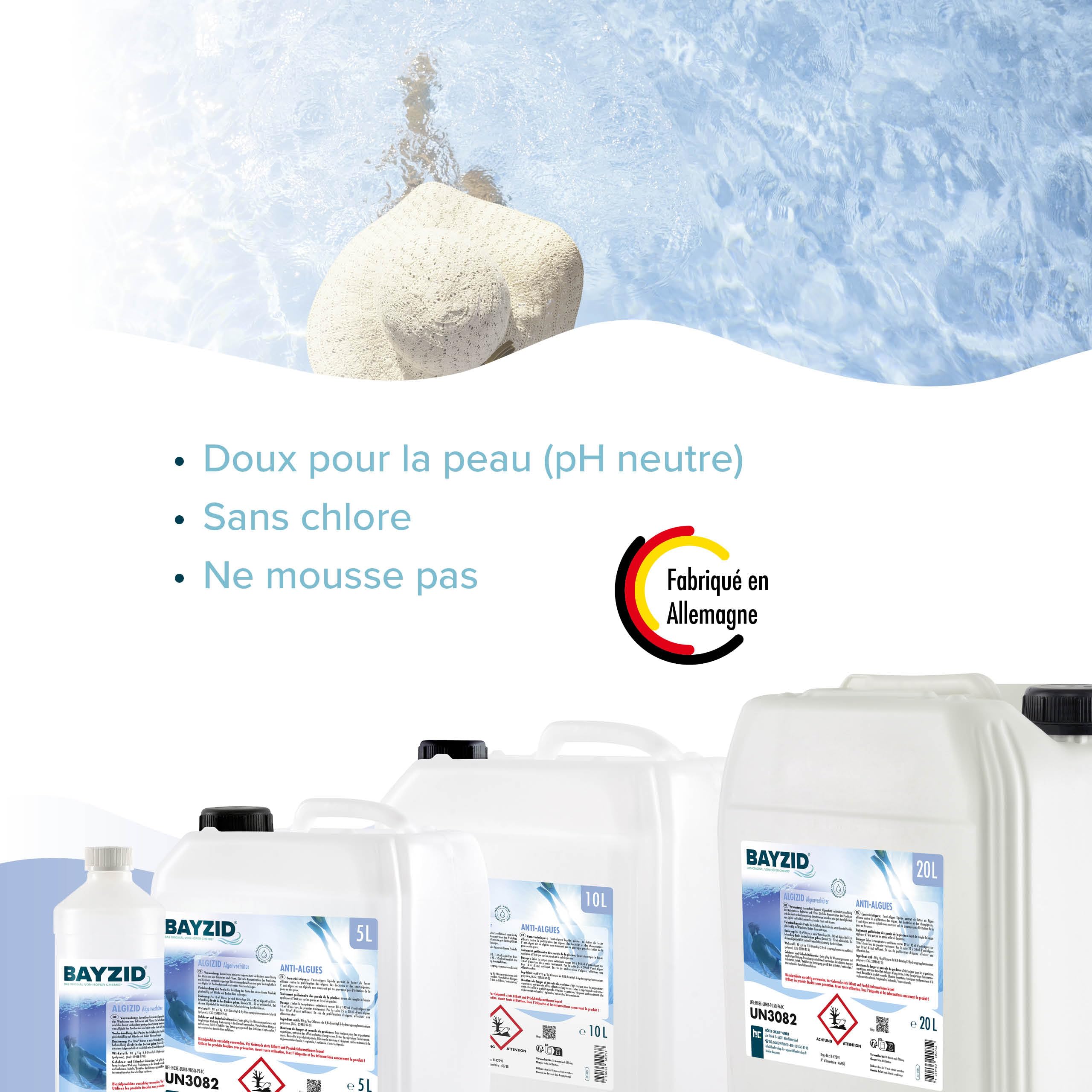 Höfer Chemie 1 x 5 L BAYZID® Algicide Anti Algue pour Piscine - Anti-Algues Non Moussant à Double Action Curative et Préventive - Efficace Contre Bactéries et Champignons