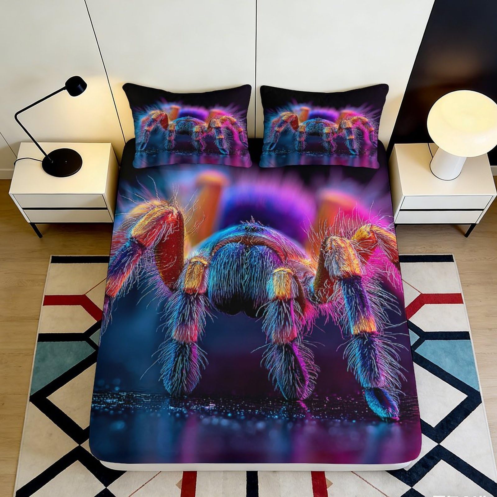 3D Printed Neon Spider Fitted Sheet Microfiber Soft Anti-Slip Tarantula Bed Cover for Bedroom Guest Room Decor 90x200x25cm