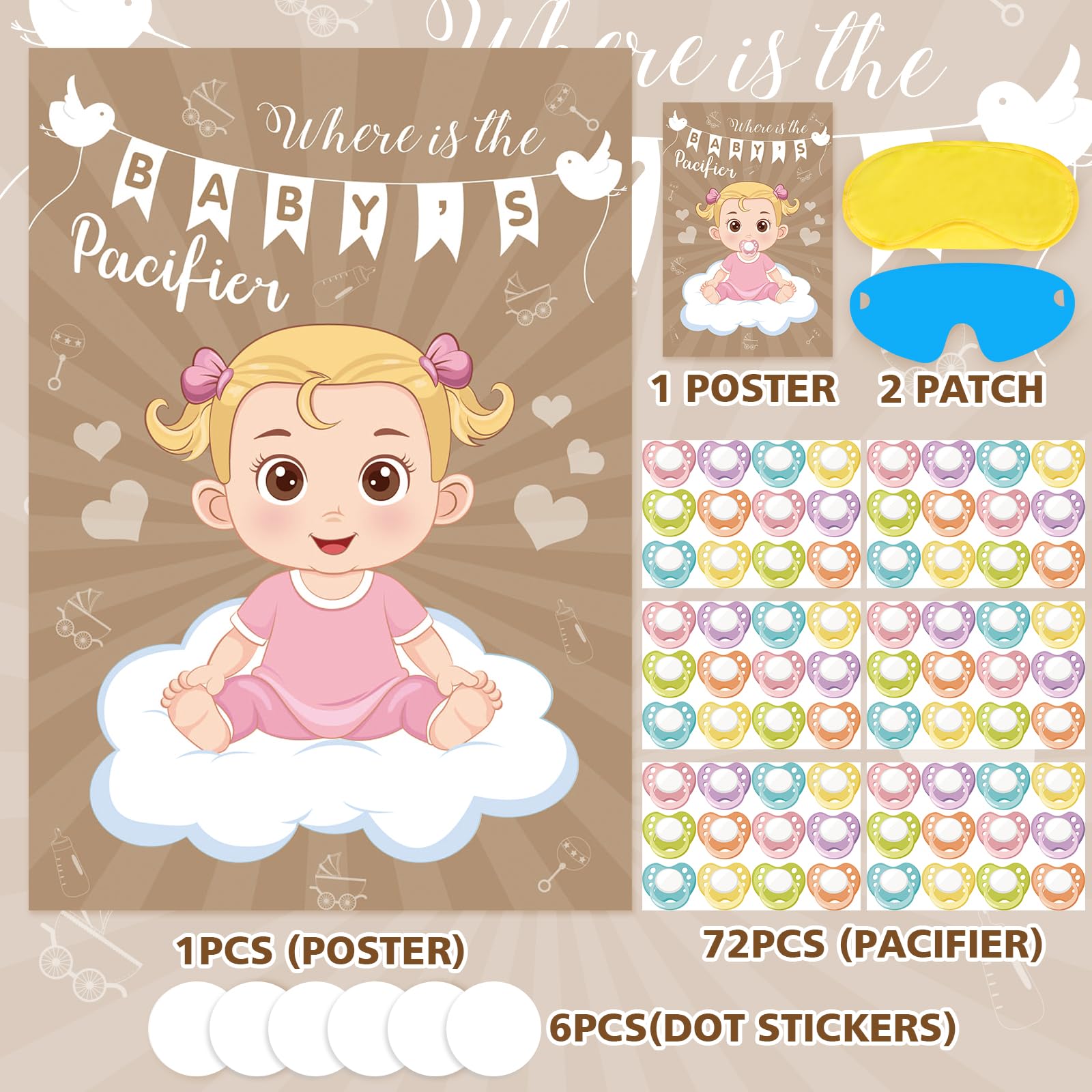 Hooqict Pin The Pacifier on The Baby Game Funny Baby Shower Games for Girls Birthday Party Activities, Large Pin The Dummy Poster with 72 Pacifier Stickers