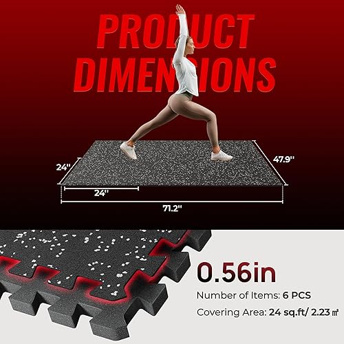 Miniatura 5 de SUPERJARE Alfombrillas de Equipos de Ejercicio con Superficie de Goma de 0.56 pulgadas de Grosor, 6 Piezas, 24 Pies Cuadrados, Alfombrillas de