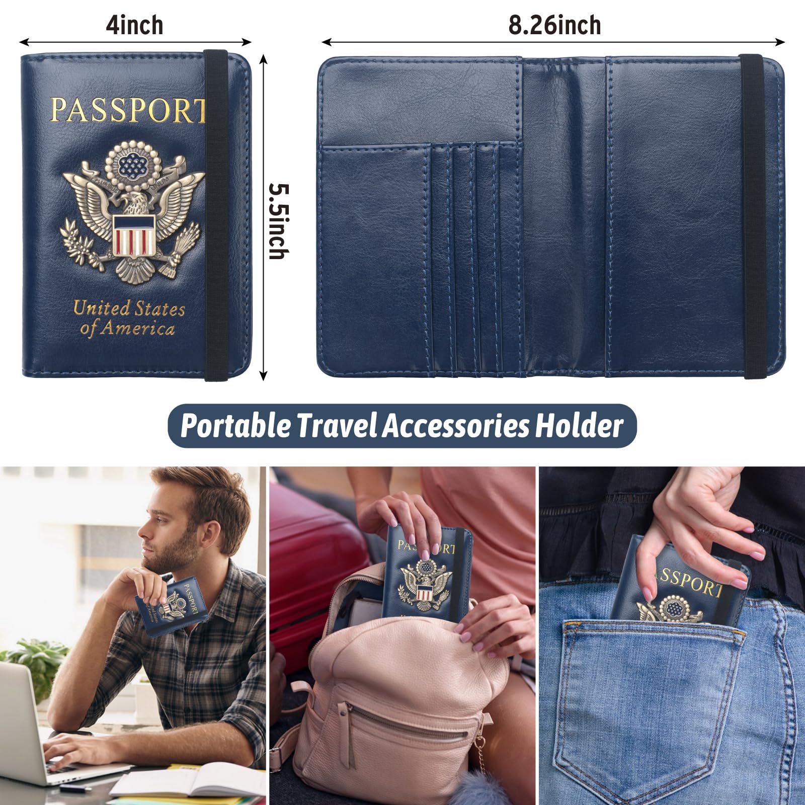Coowayze Reisepasshülle für Damen und Herren, Reisepasshülle, RFID-Blockierung, wasserdichtes Leder, US-Reisepass-Organizer mit Impfkartenschlitz, Reisedokumente, Blau, RFID-Geldbörse