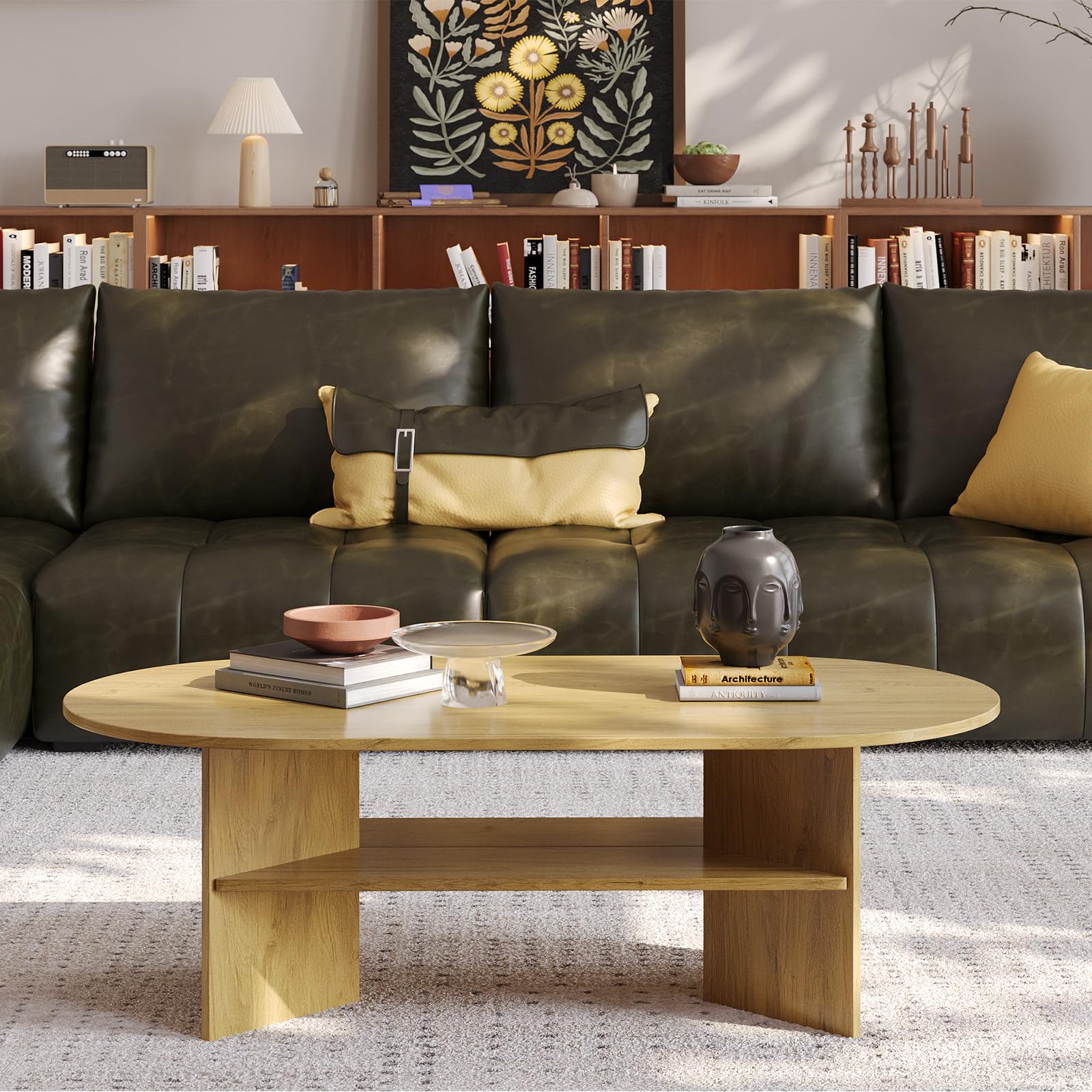 YOUDENOVA Stolik kawowy, owalny stolik pomocniczy, drewniany, nowoczesny stolik do salonu, stolik kawowy, mały stolik do salonu, naturalny dąb, 120 x 60 x 40 cm