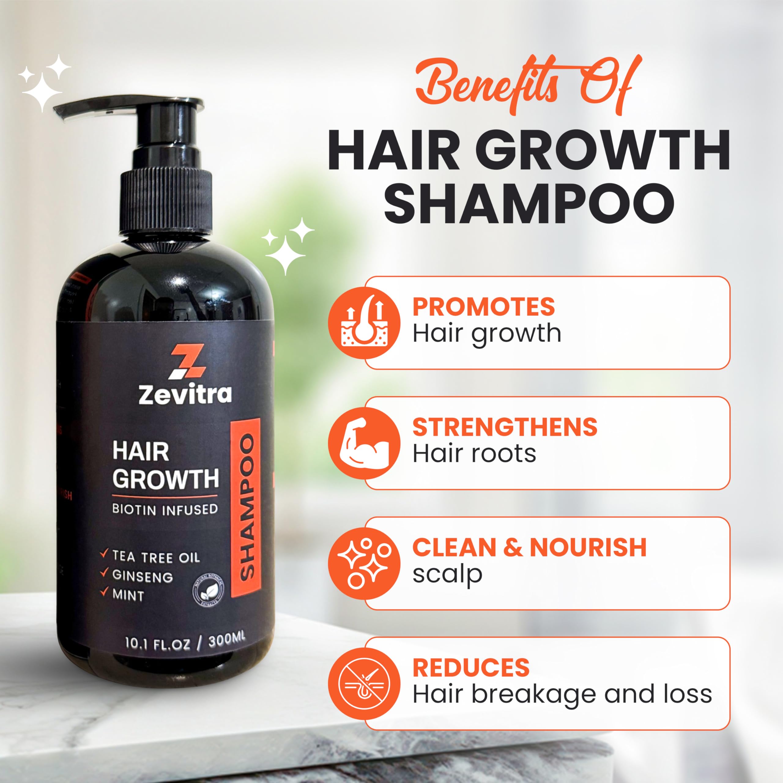 Zevitra Hair Growth Shampoo - Biotin Infused Natural Botanical Formula with Tea Tree Oil, Ginseng & Mint for Stronger Hair and Healthy Scalp - 10.1 FL.OZ / 300ML