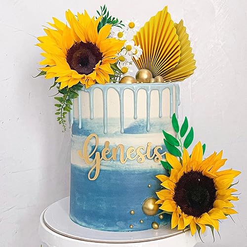 Miniatura 4 de 18 adornos para tartas de girasol, decoración de pastel de girasol con girasoles, hojas de palma doradas y hojas de eucalipto para fiestas de
