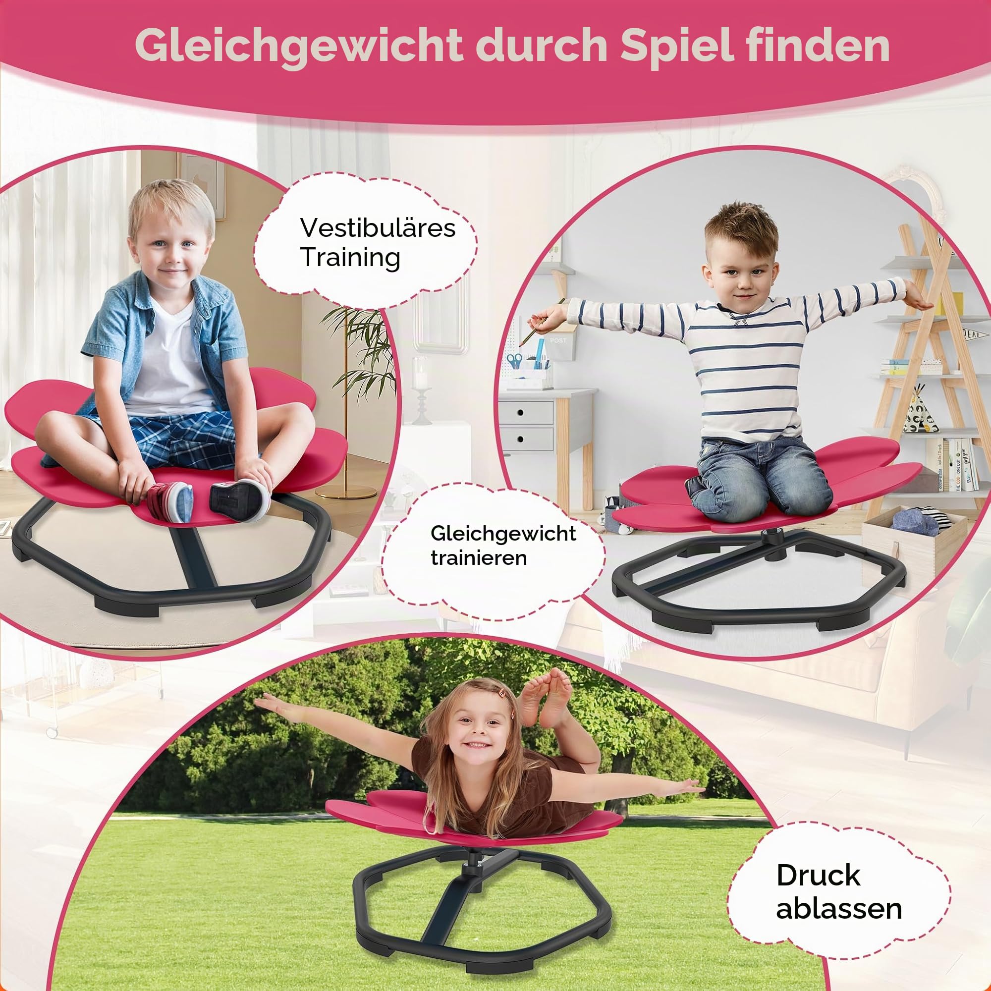 FIVMEN Karussell Drehstuhl für Autismus Kinder Training Physische Koordination und Gleichgewicht Sensorisches Balance Drehhocker für Kinder ab 3-9 Jahren, Rosenrot