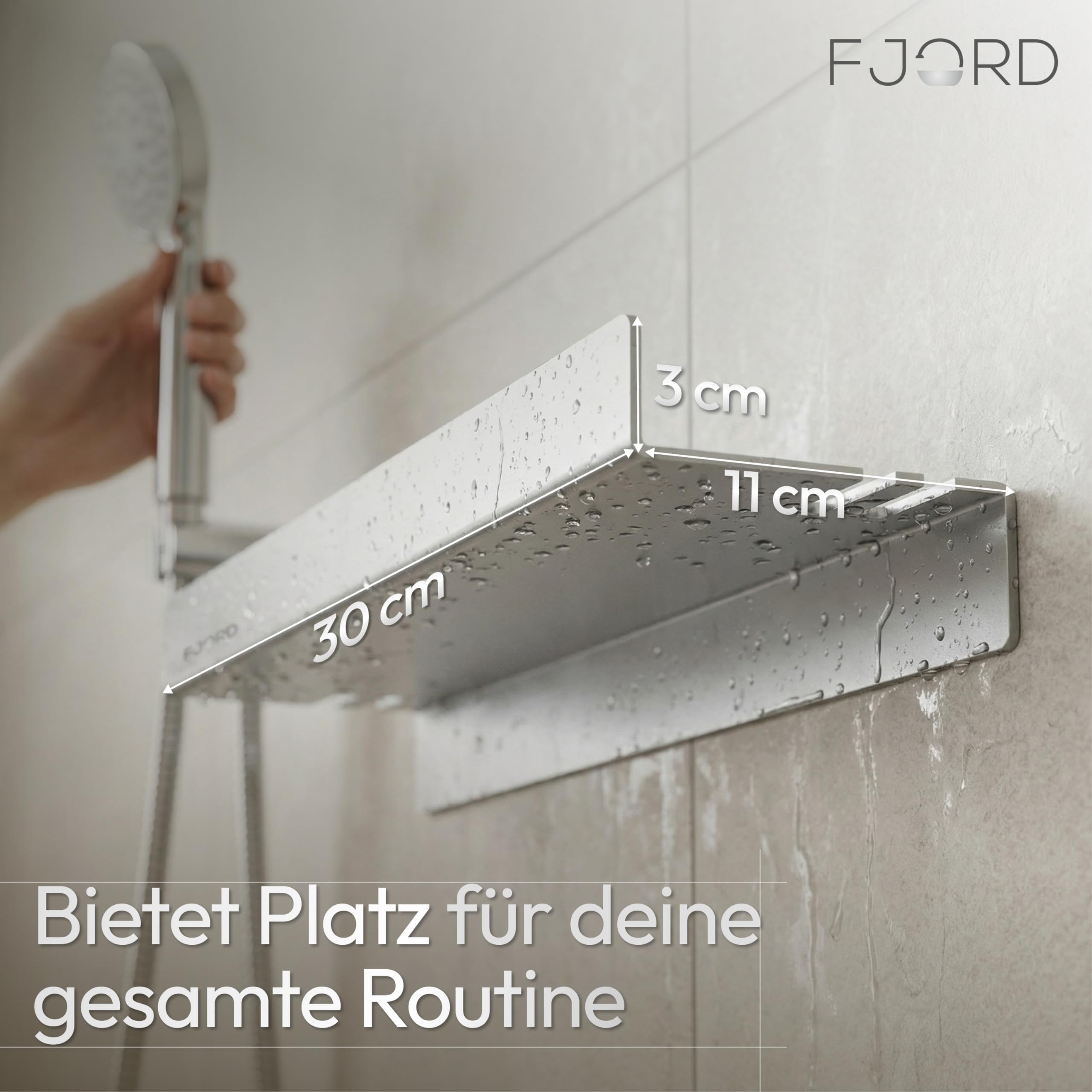 FJORD Flow Premium Duschablage ohne Bohren [Matt Silber] – Design Duschregal mit integriertem Rasiererhalter – Rostfreies Aluminium – Selbstklebend mit Hybrid-Haftsystem – Modernes Badzubehör