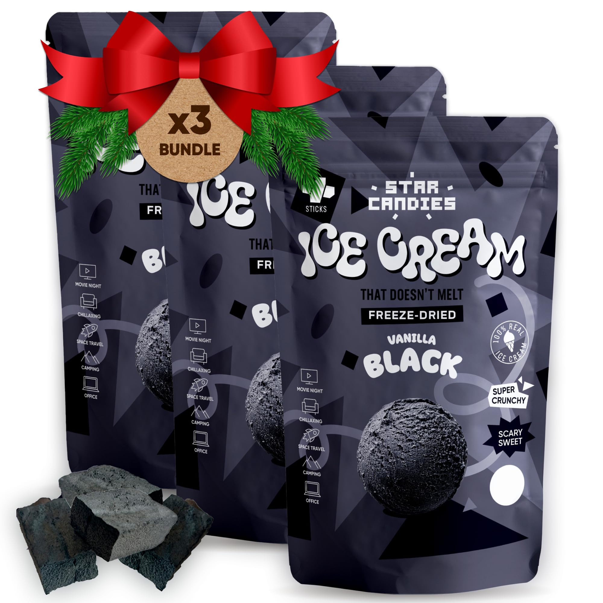 Star Candies Freeze Dried Black Vanilla Ice Cream - No Melting Freeze Dried Sweets - Crunchy Camping Food - Astronaut Ice Cream - Space and Astronaut Food, Gift (150 g, 3 pack)