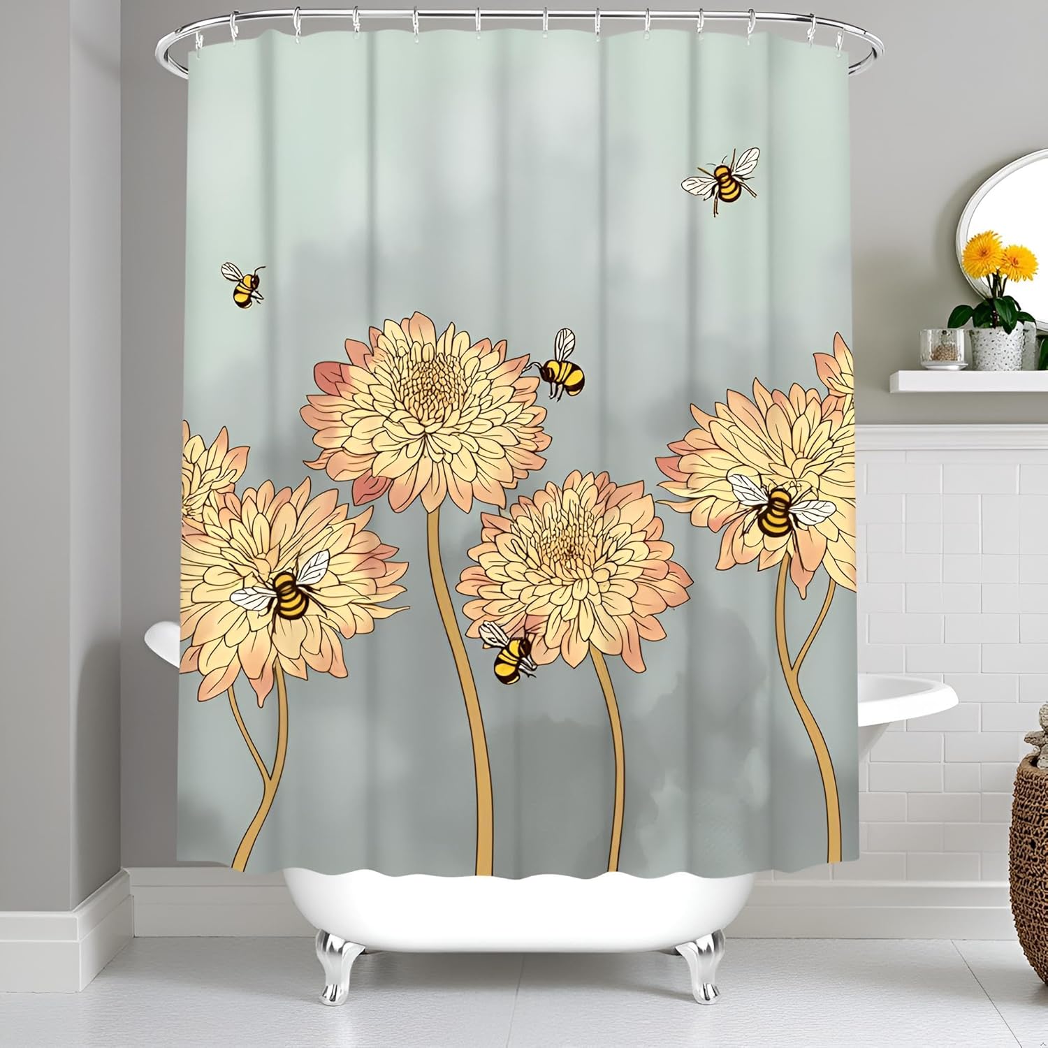 Bee Shower Curtain Bumble Bee Honeybees and Flowers Bath Curtain Rustic Floral Bathroom Decor with Hooks 72"x72"