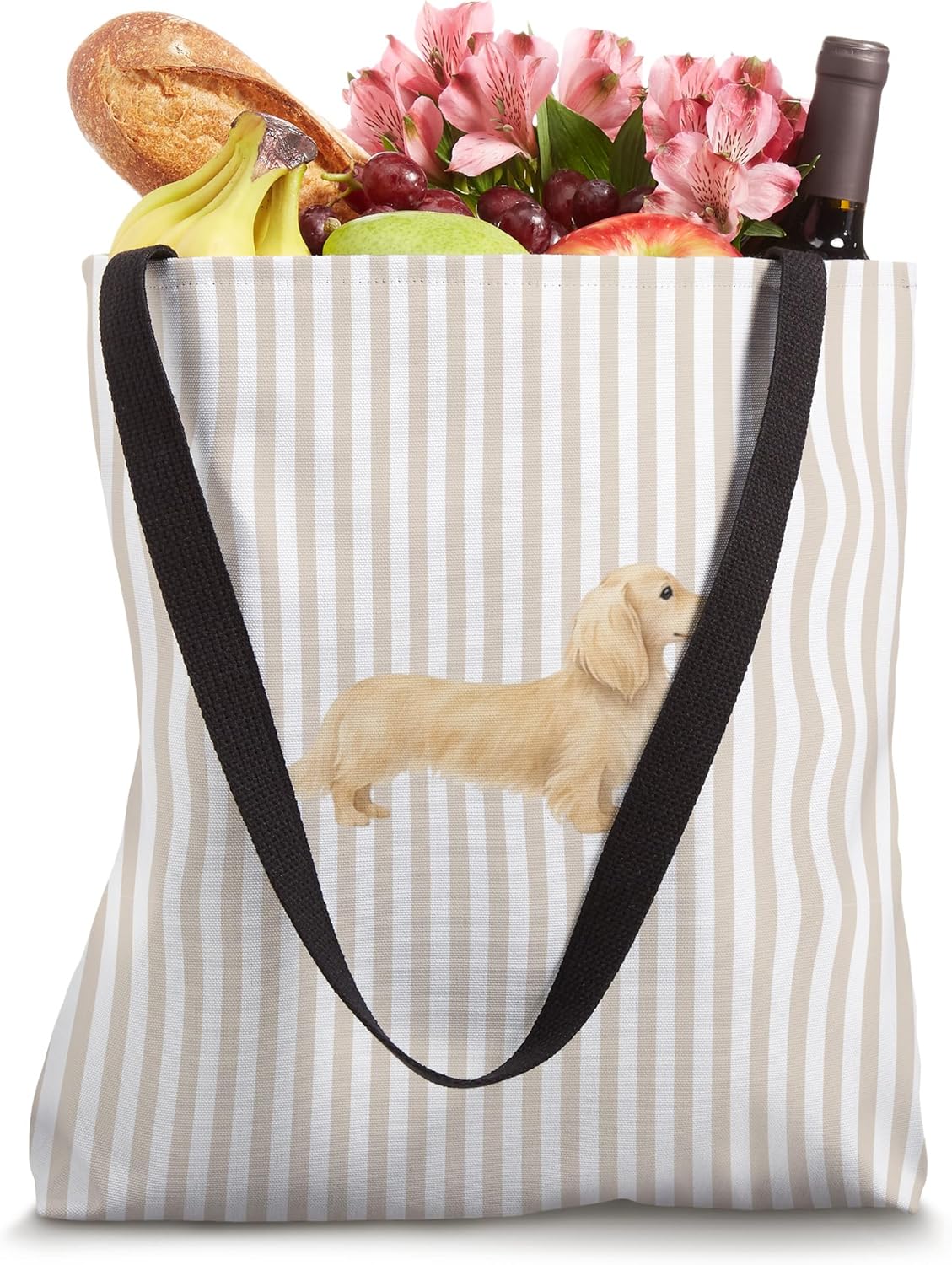 Blonde Cream Long-Haired Dachshund on Taupe & White Stripes Tote Bag