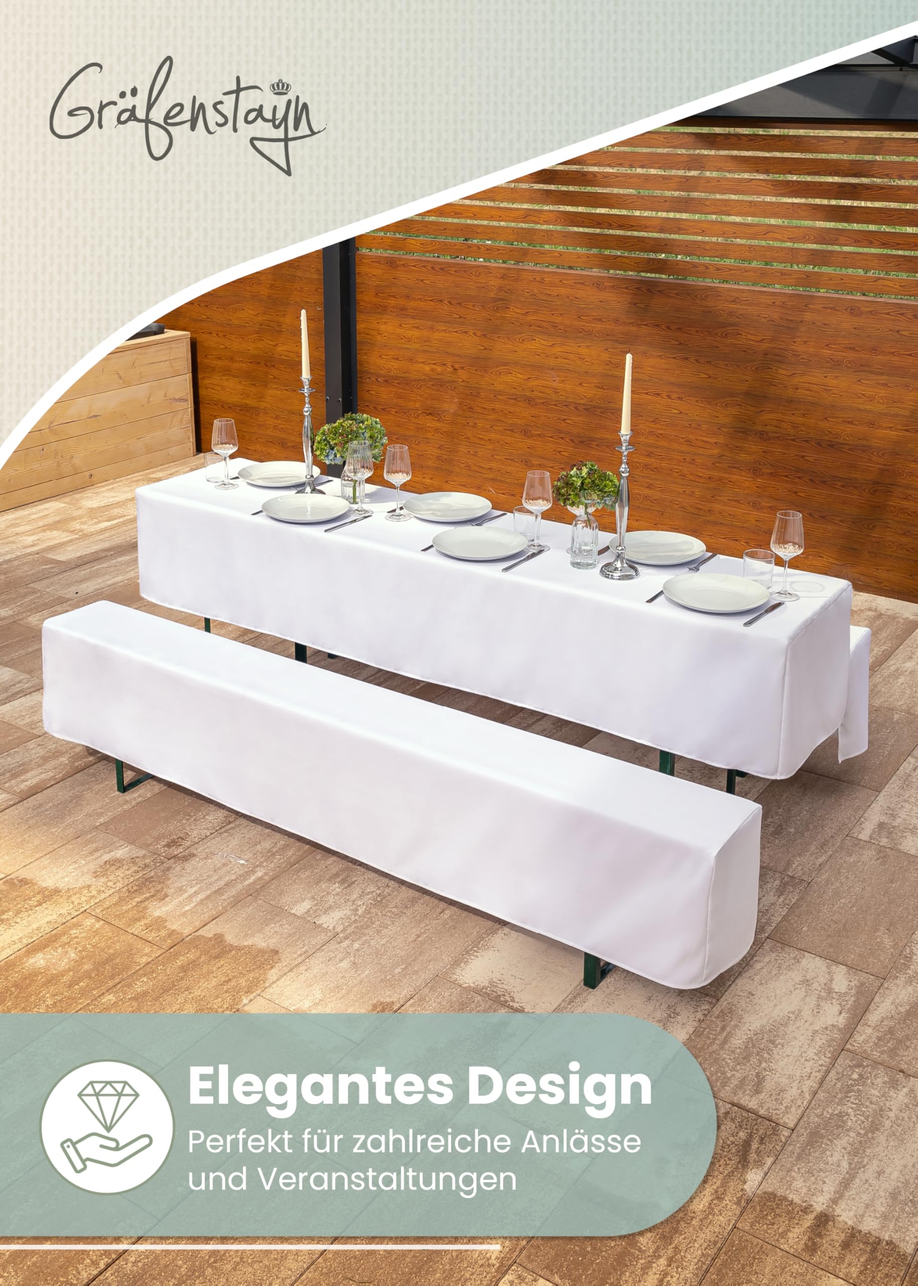 Gräfenstayn, modello: Valentin – Set di 3 teloni di copertura per panche o tavoli, larghezza: da 50 a 70 cm, Poliestere, bianco, 70 x 220 cm