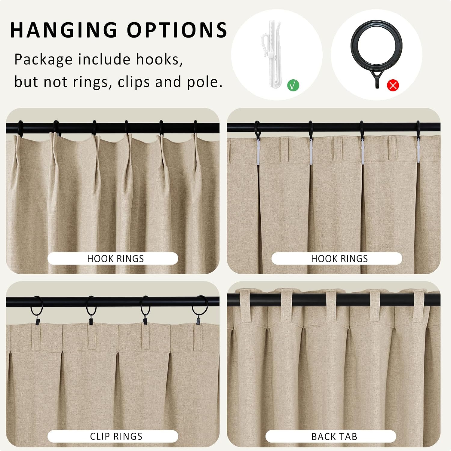 Macochico Pinch Pleated 100% Blackout Linen Blend Curtains for Bedroom Living Room Baby-Room, Insulated Back Tab Window Curtain Panels, Sand Beige Burlap Drapes with Tieback 52”Wx72”L 1 Panel