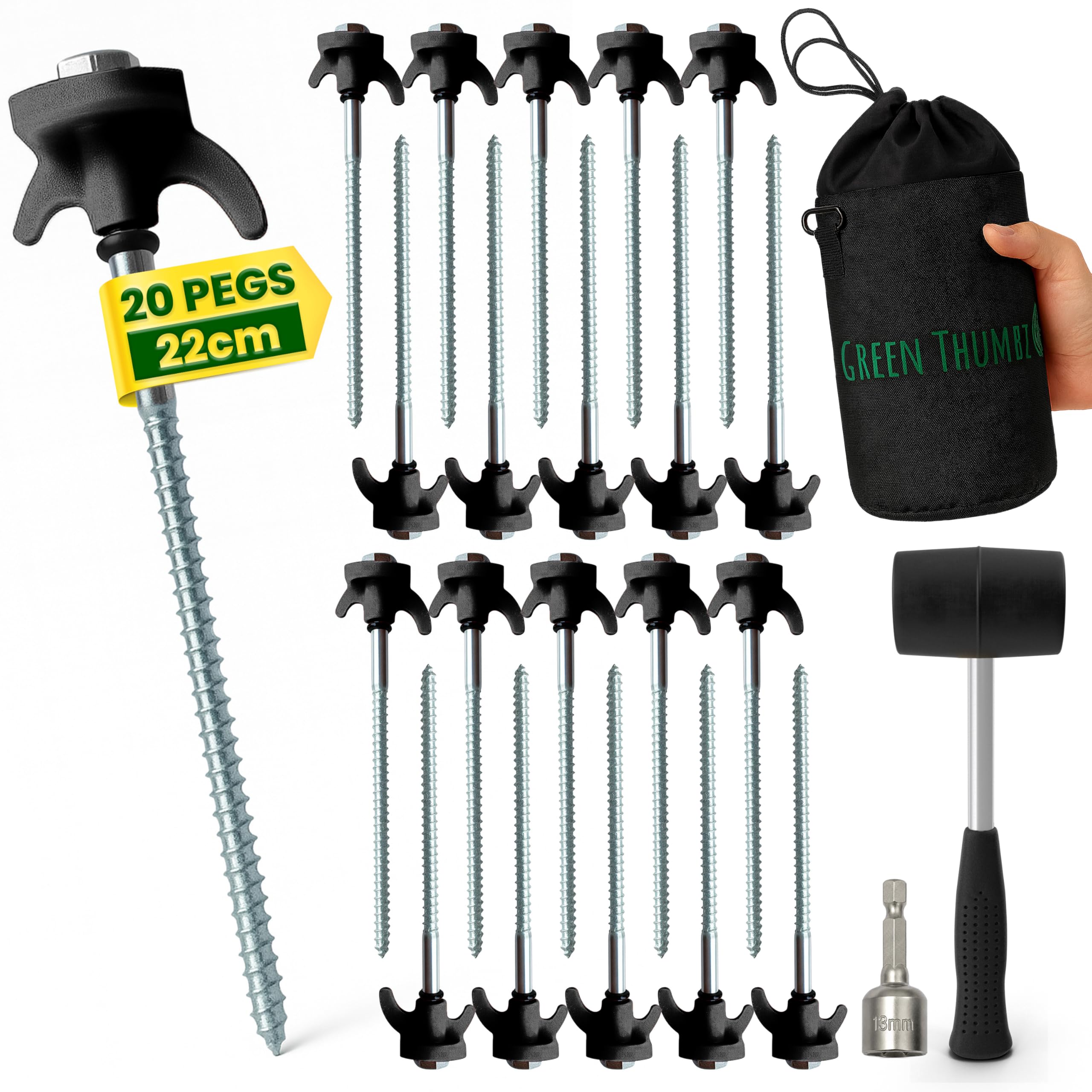 Heavy Duty Tent Pegs - 22cm x 20 Pack Black Hard Ground Tent Pegs with Storage Bag, Carabiner, Rubber Rings, Socket Bit and Mallet - Galvanized Camping Pegs for Outdoor