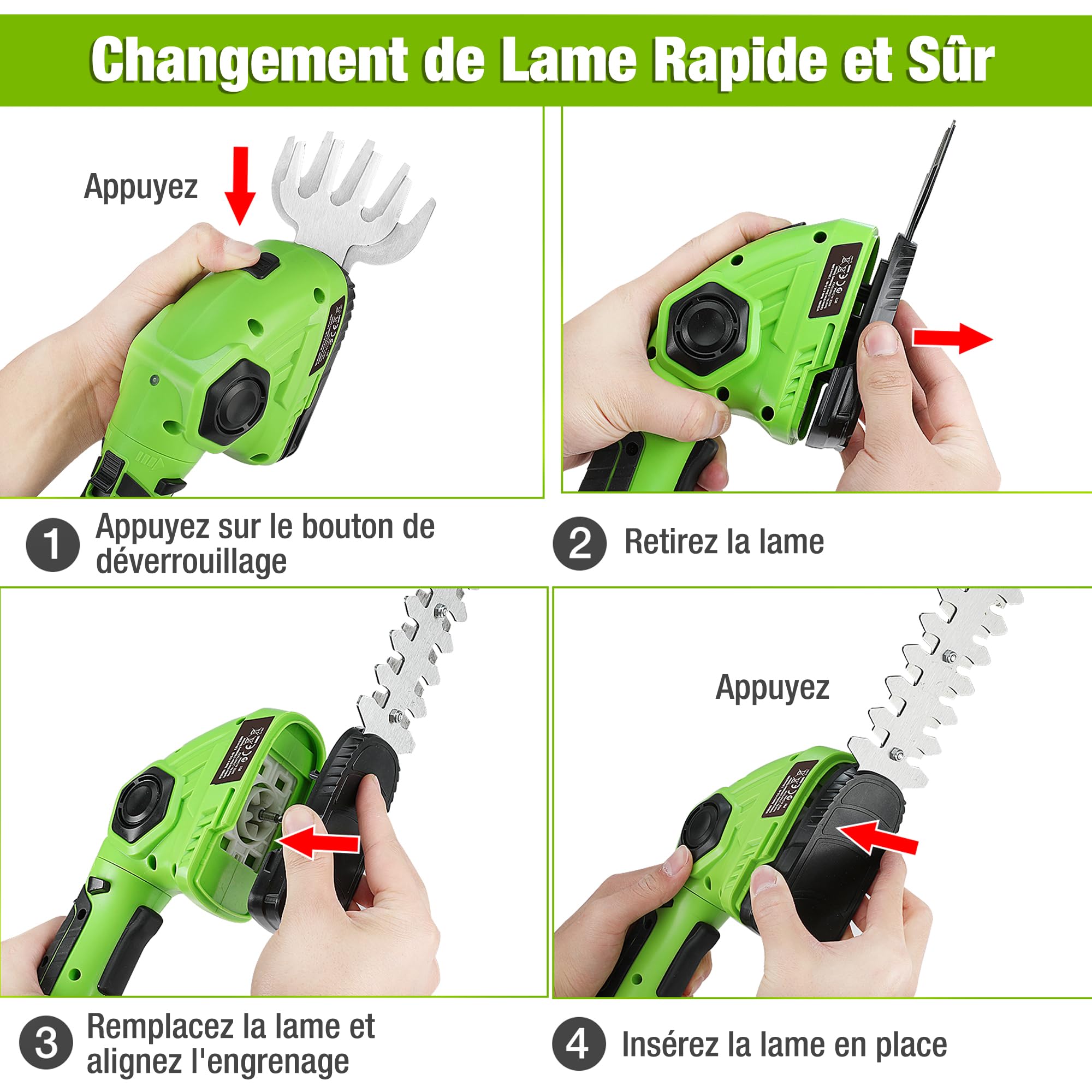 WORKPRO Cisaille à Gazon sans Fil 7,2V avec Taille-Haies et 2 Lames