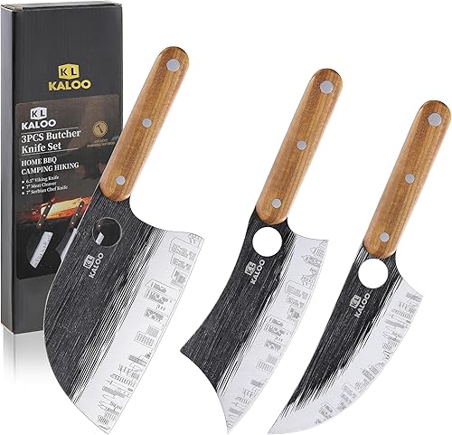 Kaloo - Juego de 3 cuchillos de carnicero, cuchillo de carnicero de 7 pulgadas, cuchillo de chef serbio de 7 pulgadas y cuchillo vikingo de 6.5
