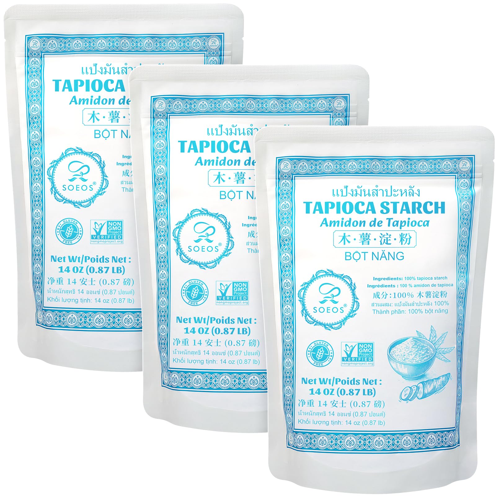 Soeos Tapioca Starch Flour, 3-Pack (42oz/1188g Total), Non-GMO, All Natural Vegan Gluten-Free for Baking, Cooking & Boba Pearls, Thickens & Enhances Texture