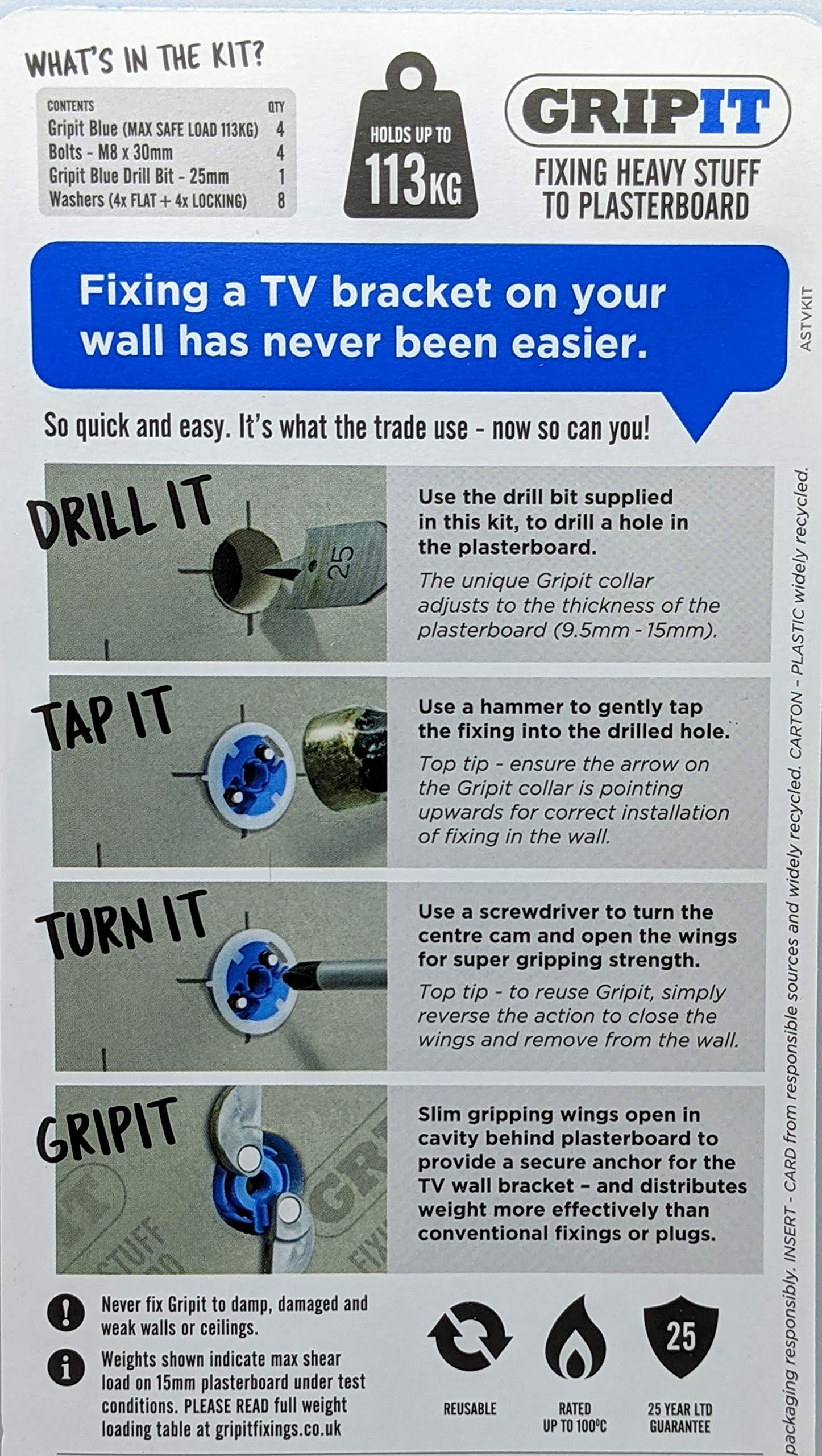 Gripit GTVKIT2 Complete TV Wall Bracket Fixing Kit Includes Drill Bit