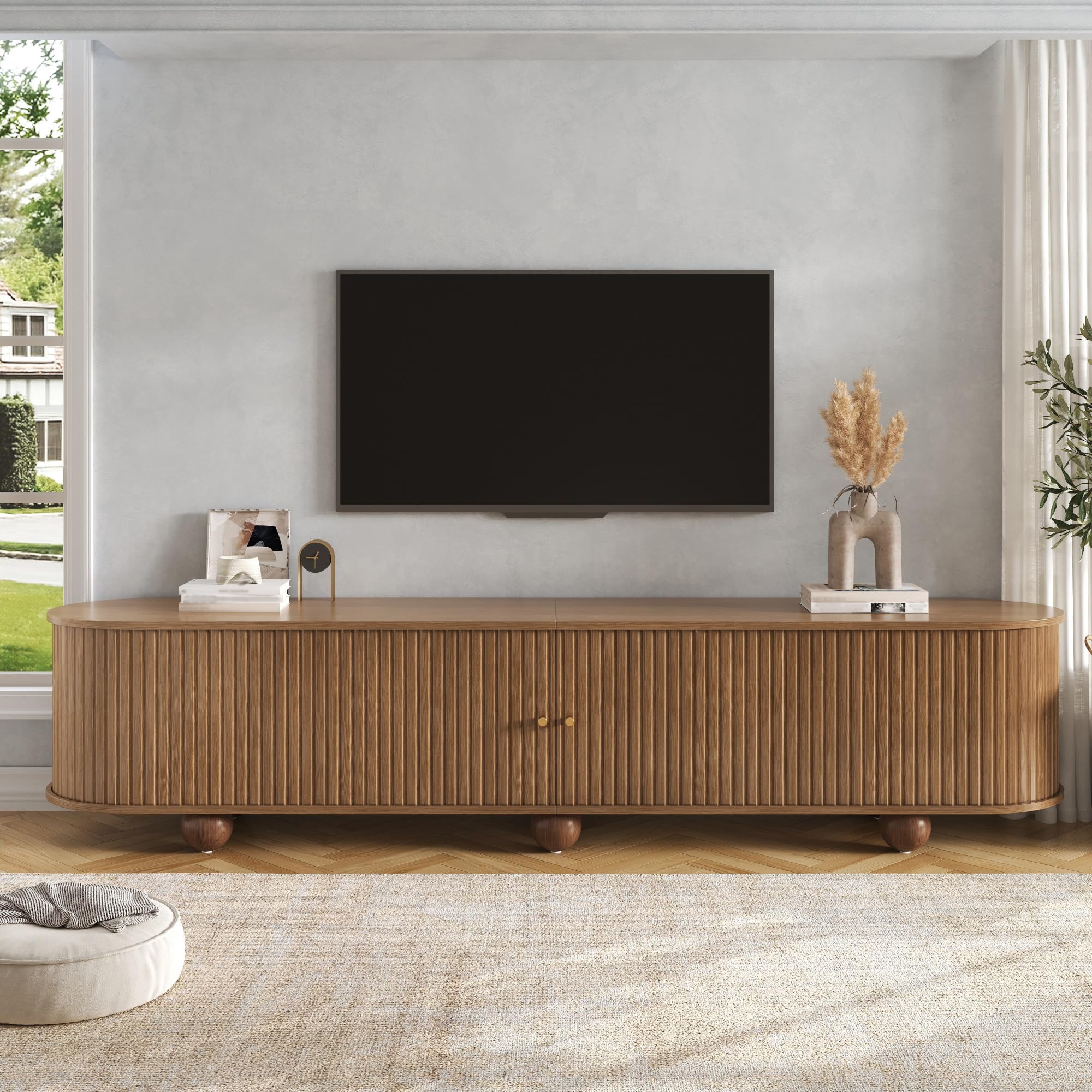 180cm Rundungen TV Schrank mit Schiebetüren, TV Lowboard Wohnzimmer | Retro TV Möbel,Wohnzimmermöbel, vertikal geriffelte Schiebetüren,Kugelfüße