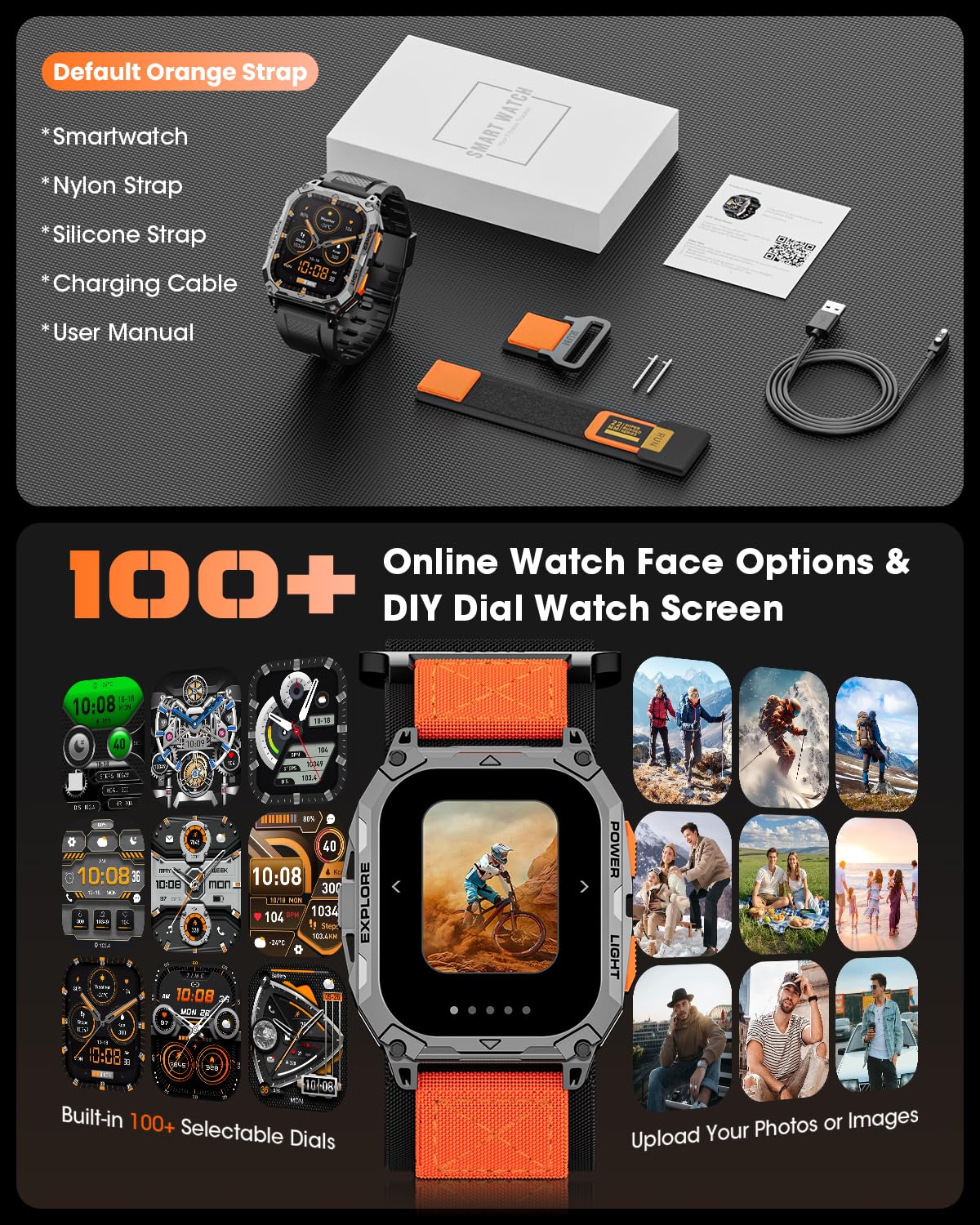 Military Smart Watches for Men (2 Straps), 2.01" HD Smartwatch with 1000 mAh Battery, Answer/Make Call, Led Flashlight, Heart Rate/Sleep Monitor, 100+ Sport Modes Fitness Tracker for Android/iPhone