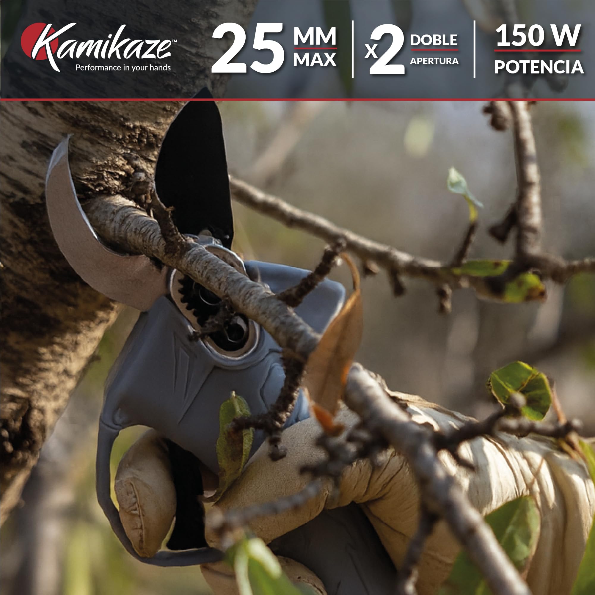 KAMIKAZE KV280 Tijera Eléctrica de Poda Inalámbrica 150W Corte Máximo Ø 25 mm Incluye 2 Baterías Litio de 14V con autonomía de 2500 cortes, Cargador y Kit de Herramientas Diseño Patentado.