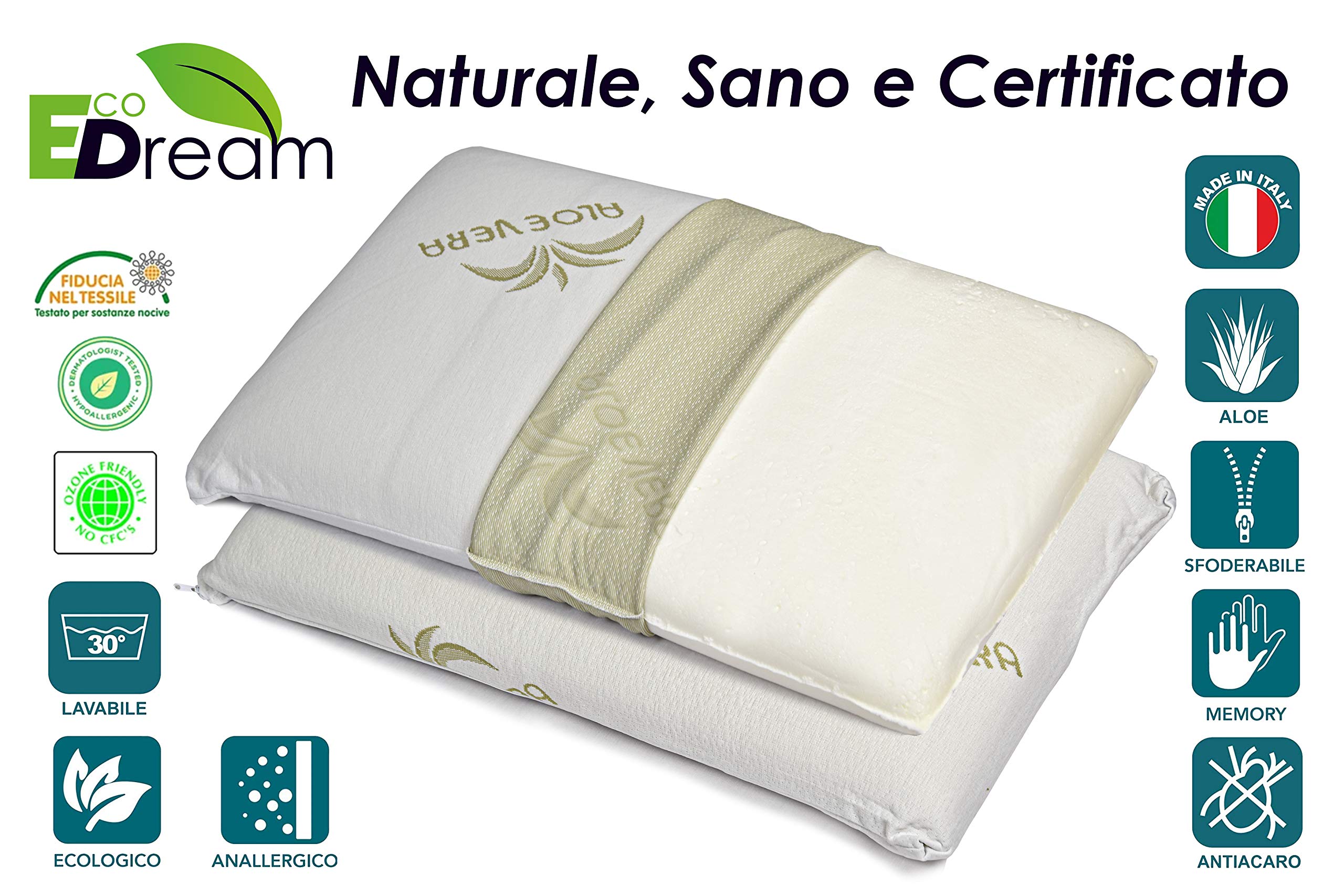 EcoDream - Cuscino Memory Foam Cervicale Modello Saponetta, Fodera Aloe Vera, Guanciale Letto Ortopedico Alto, Antiacaro Anallergico, 100% Made in Italy