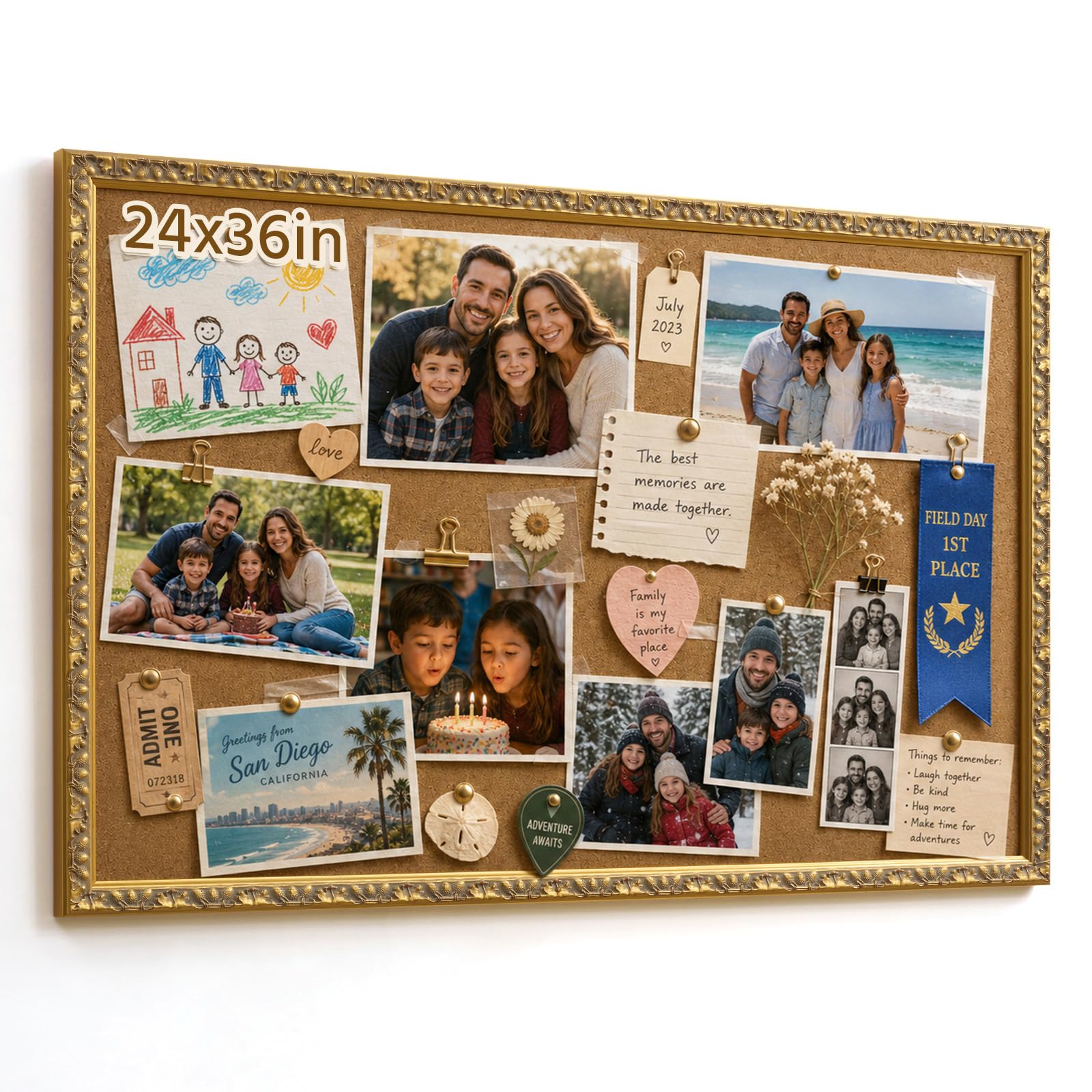 24x36 Large Cork Bulletin Board with Vintage Gold Ornate Frame, Statement Wall Decor for Photos, Notes & Memory Display, Entryway or Office Organizer