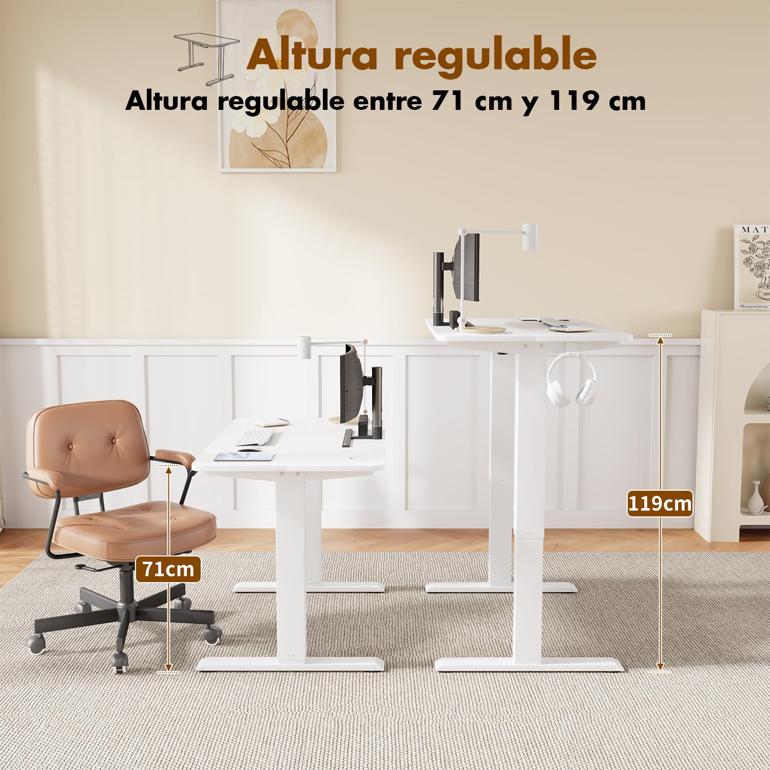 Devoko Escritorio Elevable Eléctrico 100 x 60cm,Escritorio Regulable en Altura con Gancho, 71-119 cm, 2 Opciones de Memoria Inteligente, Adecuado para Estudiar Trabajar（Blanco）