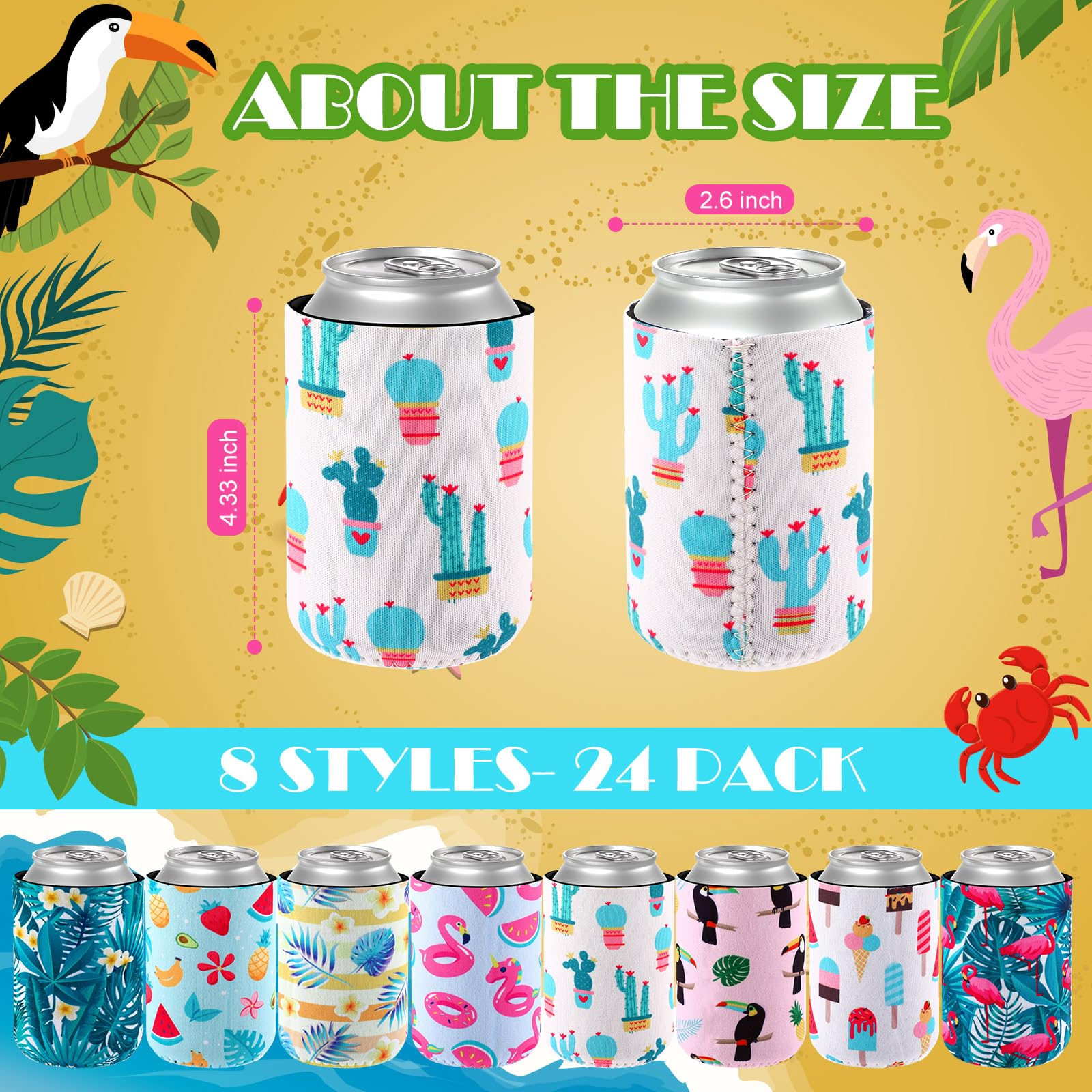 Gerrii 24 Pcs 12 oz Can Cooler Sleeve Insulated Neoprene Can Cooler Beach Themed Funny Summer Sleeves Bulk for Birthday Aloha Party Hawaiian Party Gifts (4 x 2.8 Inch) (Tropical)