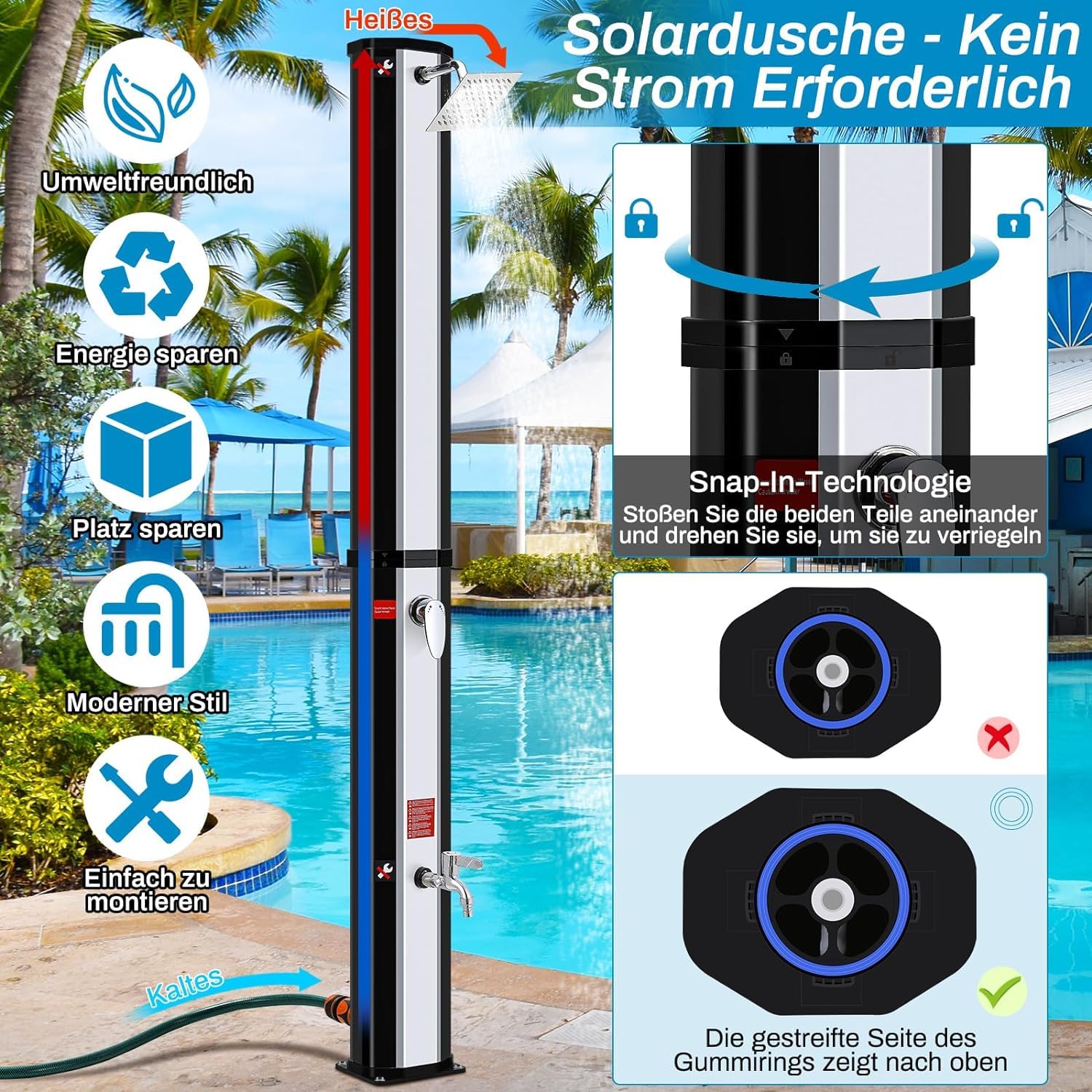 Prysznic solarny, ogrodowy prysznic 40 l, w zestawie głowica prysznicowa 360°, kran, przyłącze węża ogrodowego i osłona ochronna, 4 gwoździe do podłogi, prysznic basenowy, kemping, ciepła woda, do 60°